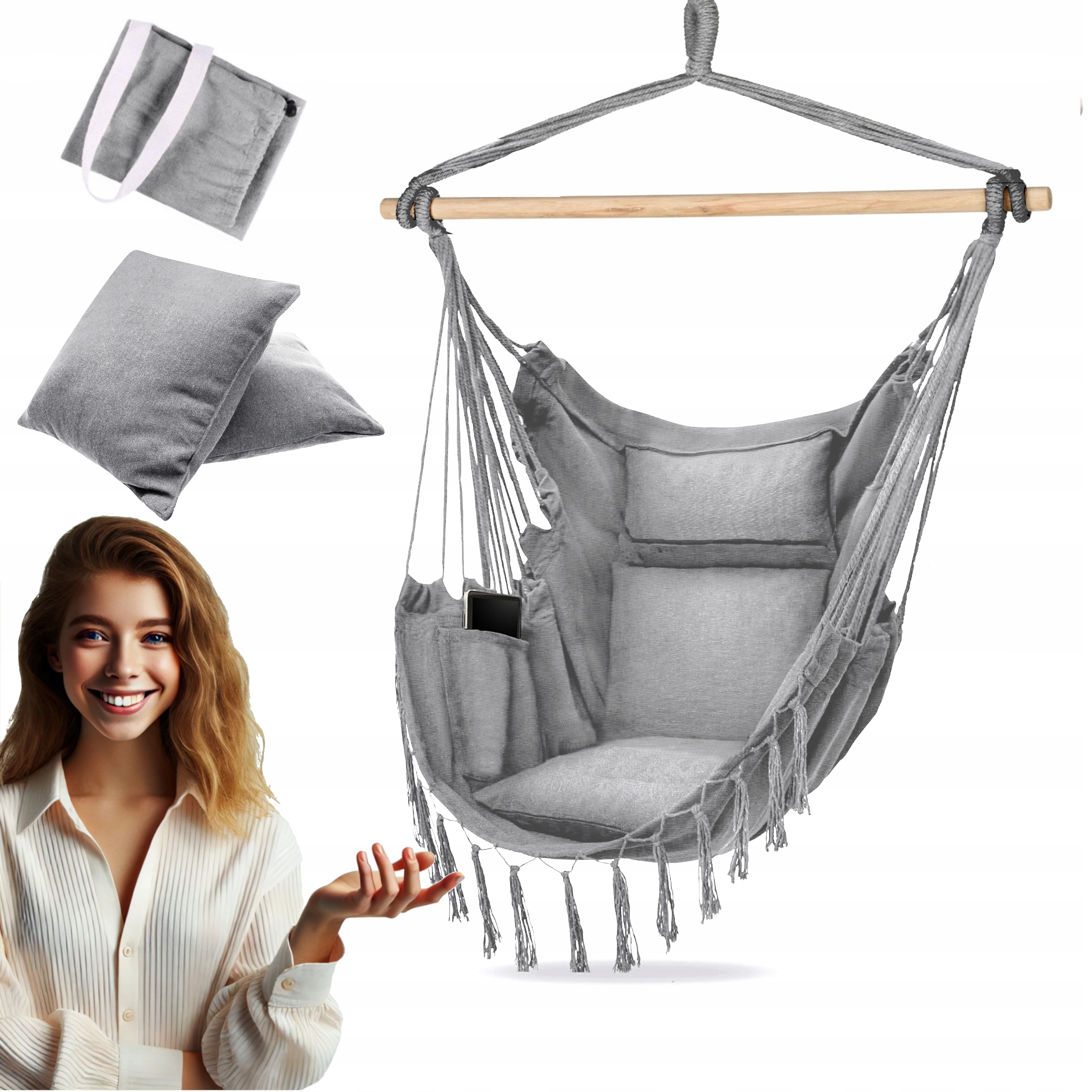 Fotel Wiszący Krzesło Brazylijskie Huśtawka Hamak Poduszki Gniazdo XXL Boho