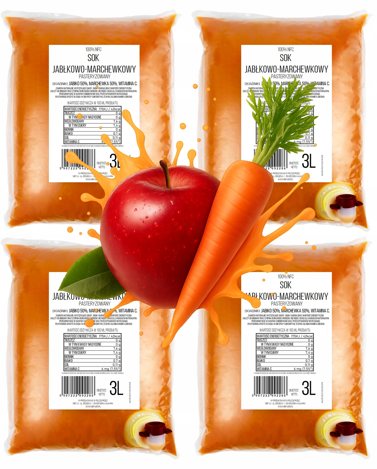 Levně Jablečno-mrkvový Lisovaný Džus 100% Nfc Pure Press Set 4 x 3L