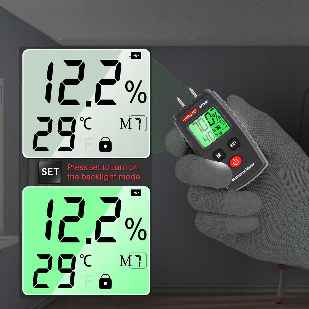 WILGOTNOŚCIOMIERZ DO DREWNA MIERNIK WILGOTNOŚĆ BETONU CEGŁY GIPSU TYNKU LCD Szerokość 26 mm