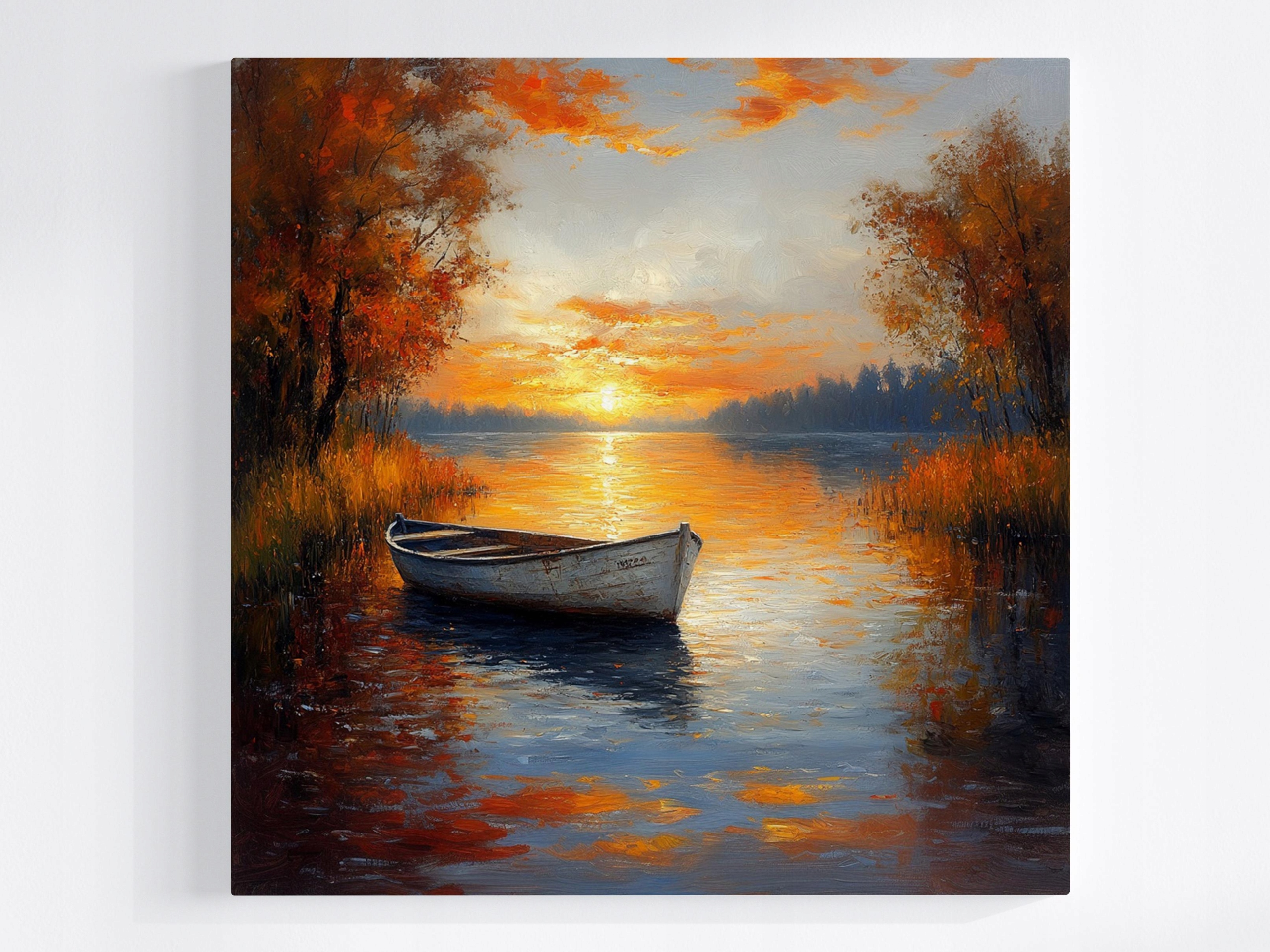 Obraz Na Plátně Canvas Krajina Jezero Loď Loďka Podzim Slunce 80x80