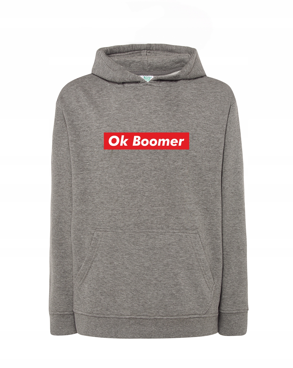 

Modna bluza męska z kapturem Ok Boomer, szara XXL