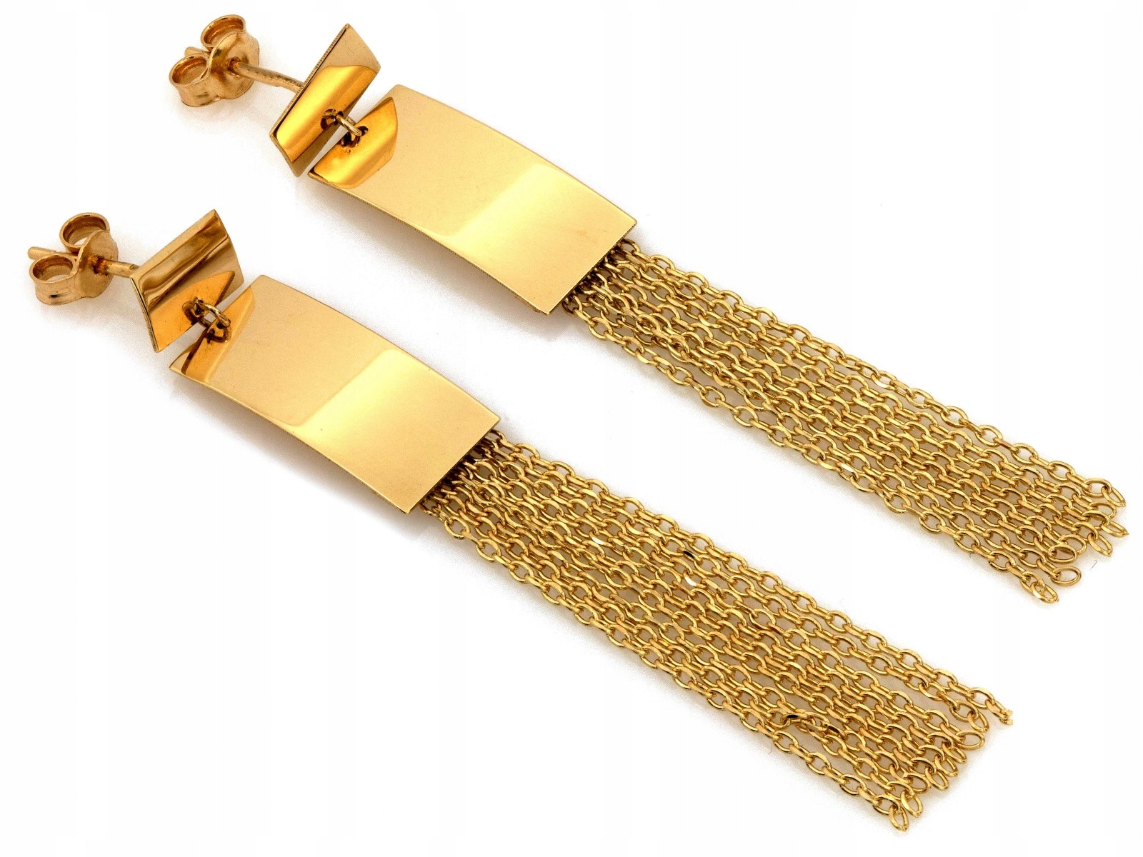 Náušnice zlaté závěsné 585, moderní obdélníky a dlouhé řetízky