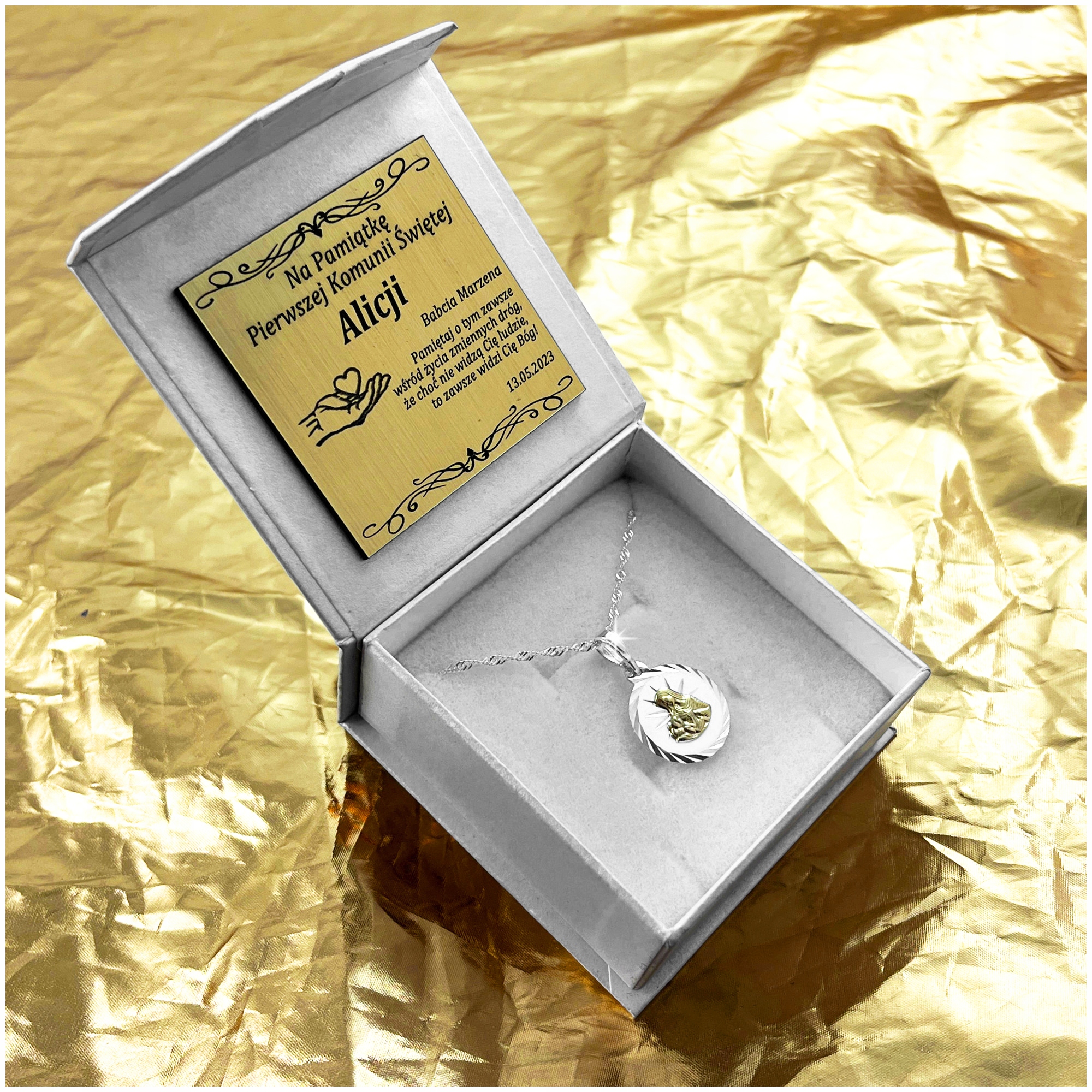 SREBRNY ŁAŃCUSZEK POZŁACANY MEDALIK MATKA BOSKA 925 PREZENT KOMUNIA GRAWER Kolor srebrny
