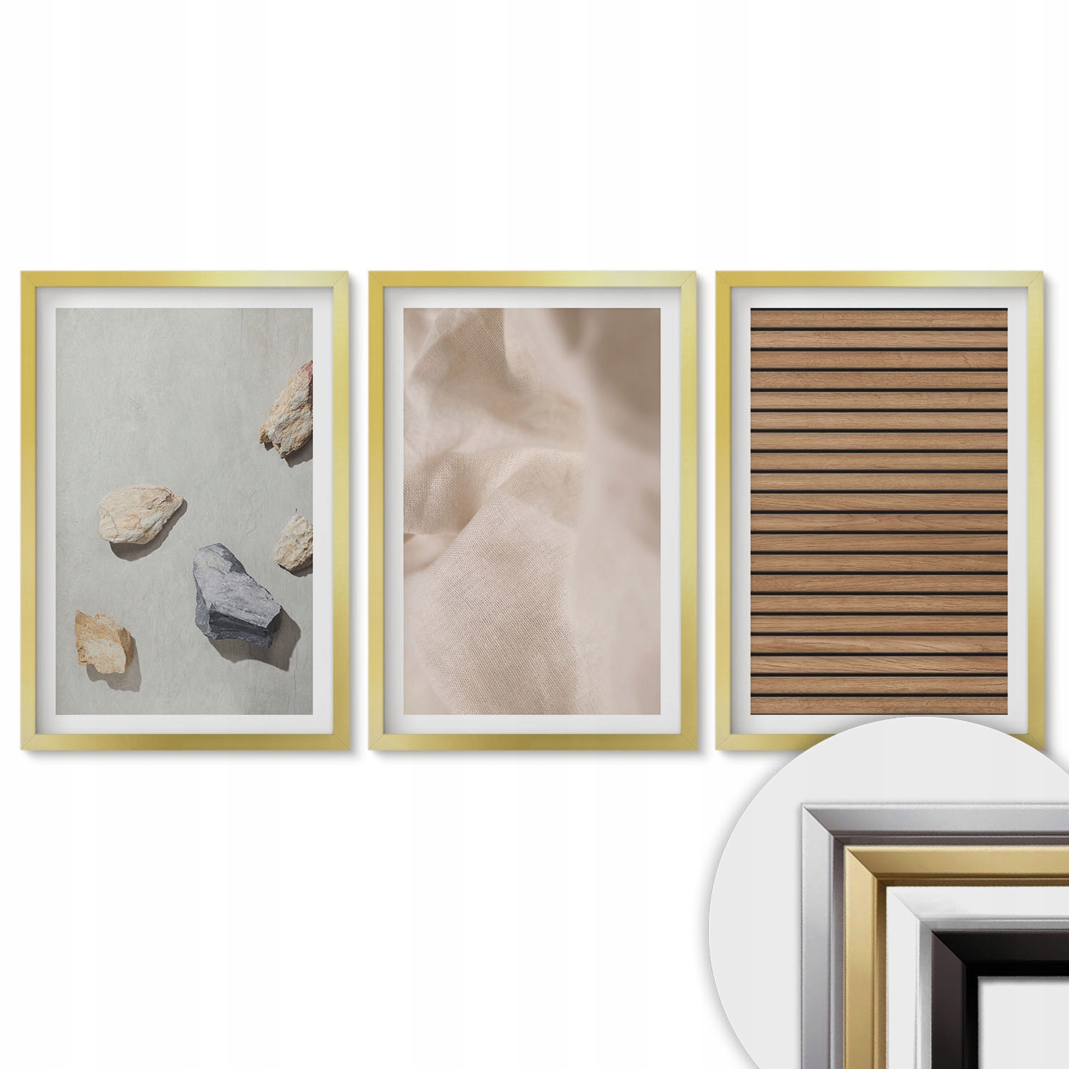 Sada obrazů do obývacího pokoje Triptych 3x 40x60 Kameny dřevo tkanina textura