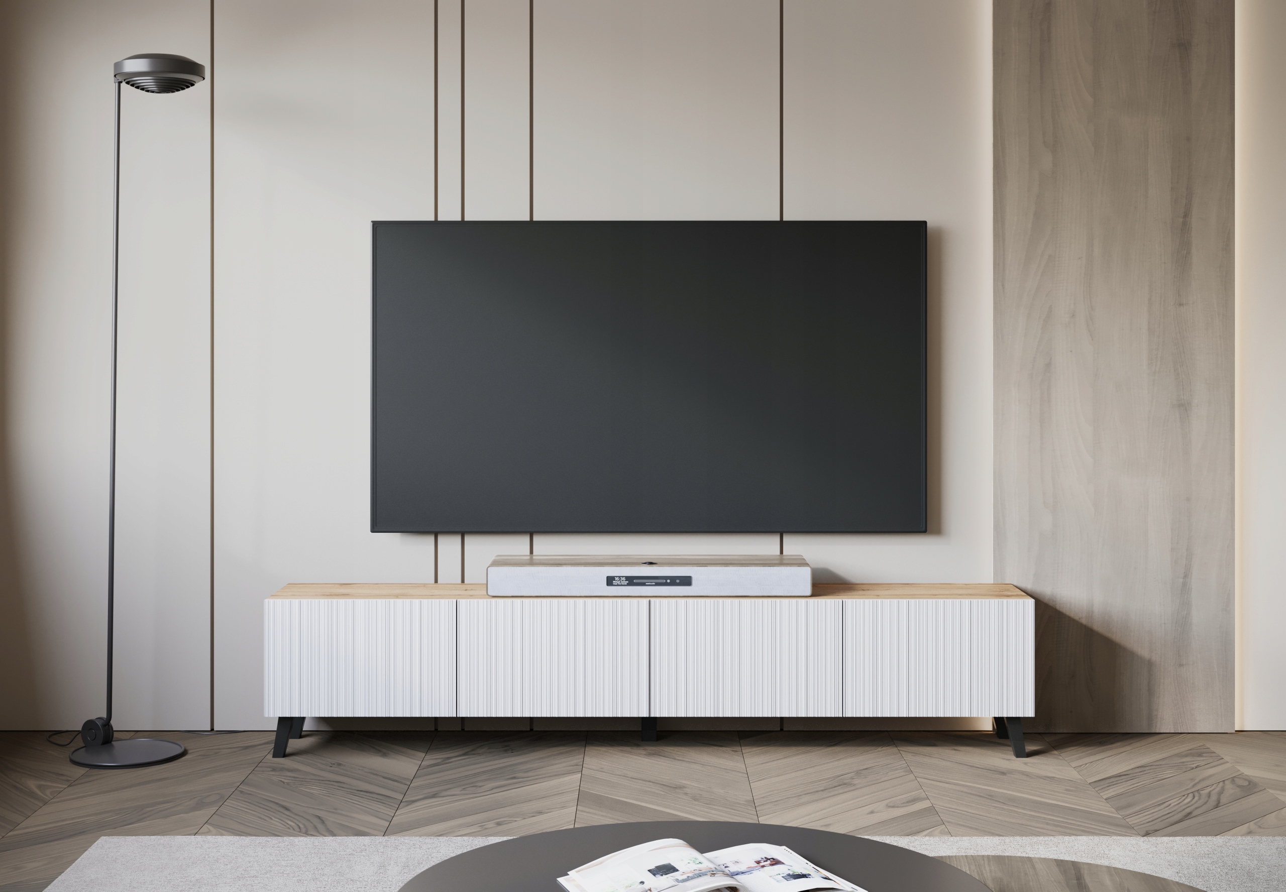 Szafka RTV PHUKET 190 Dąb Artisan / Białe Ryfle Marka KING-Meble