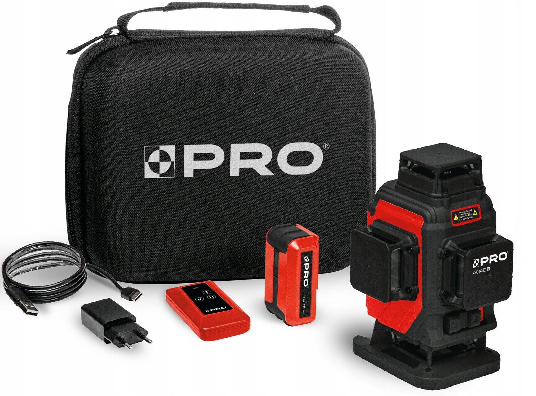 Víceřádkový laser Pro AQ4DG Zelený 4x360 Akumulátor Li-ion, Dálkové ovládání, Pouzdro