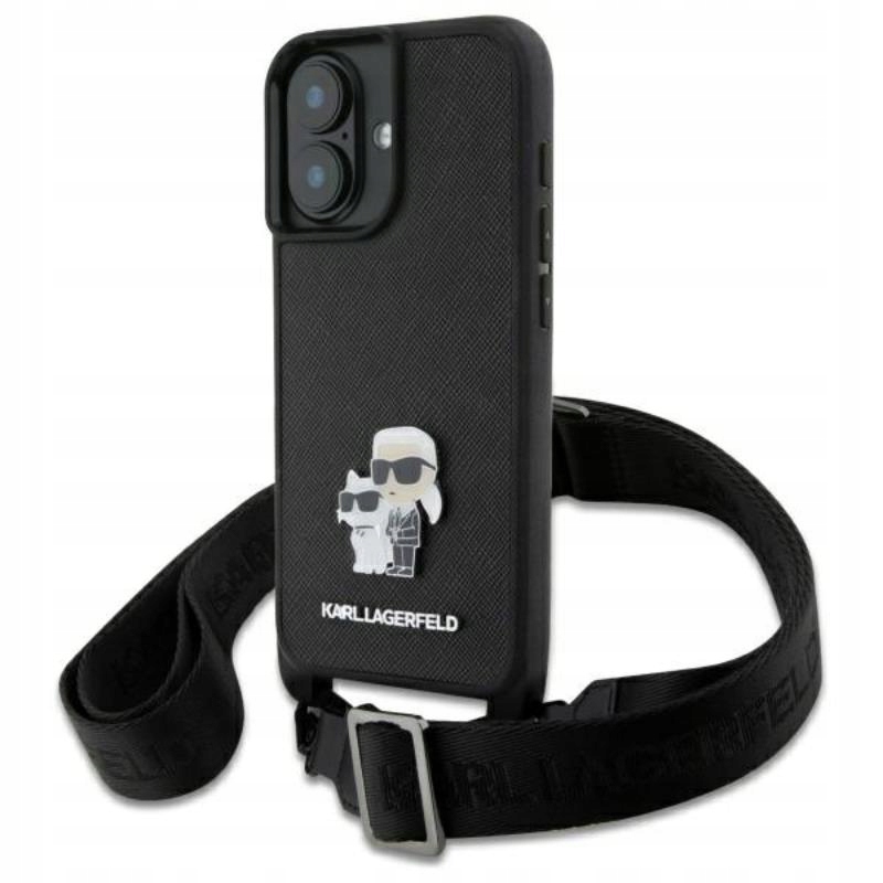 Karl Lagerfeld Saffiano Metal Pin Cbdy Strap Pouzdro pro iPhone 16 (černé)