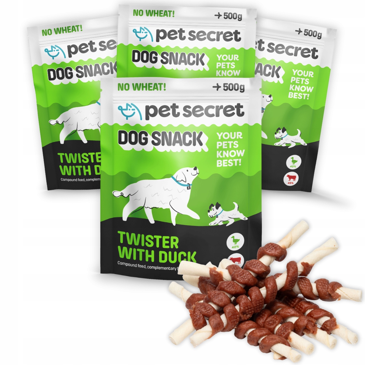 Psí pamlsek 4x500g Twister s kachnou Pet Secret Kousátko Masové pamlsky