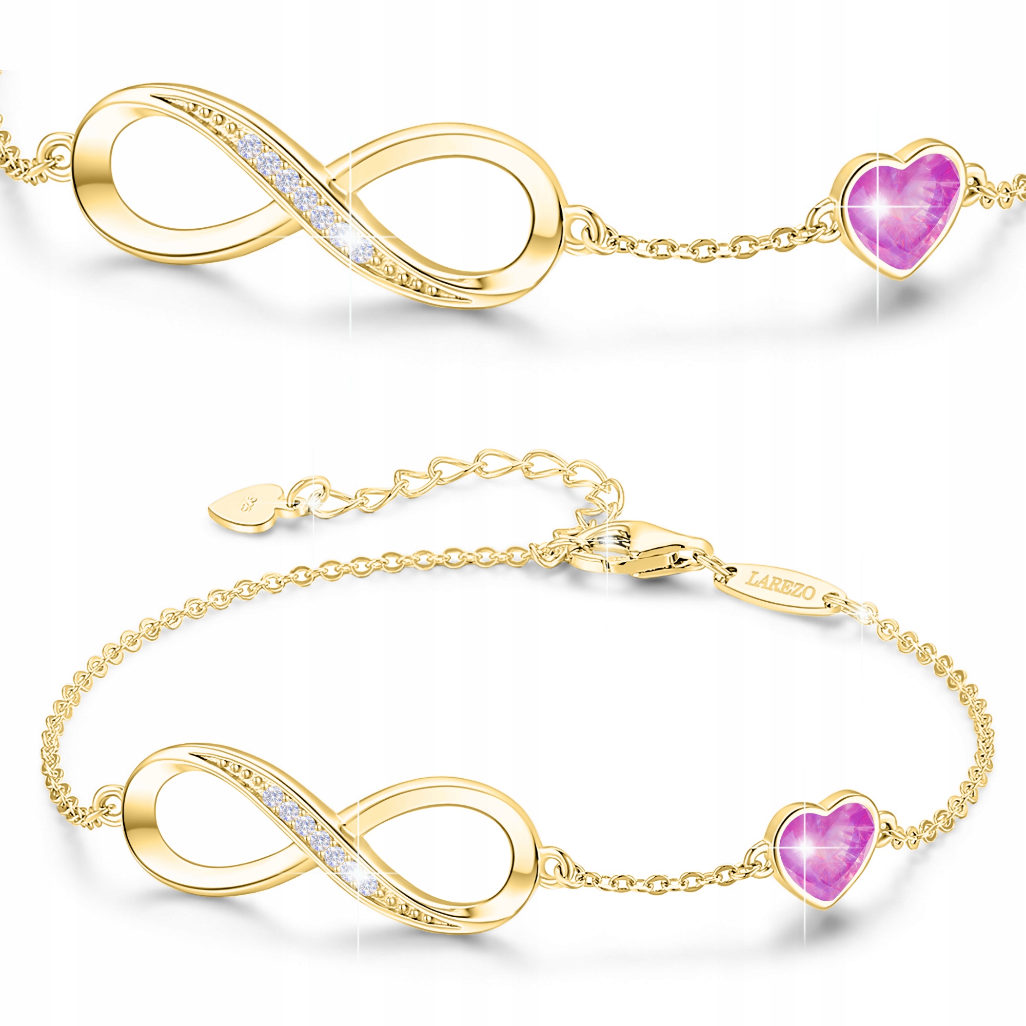 Zlatý náramek 925 Znamení nekonečna s zirkony Srdce Pozlacené 585