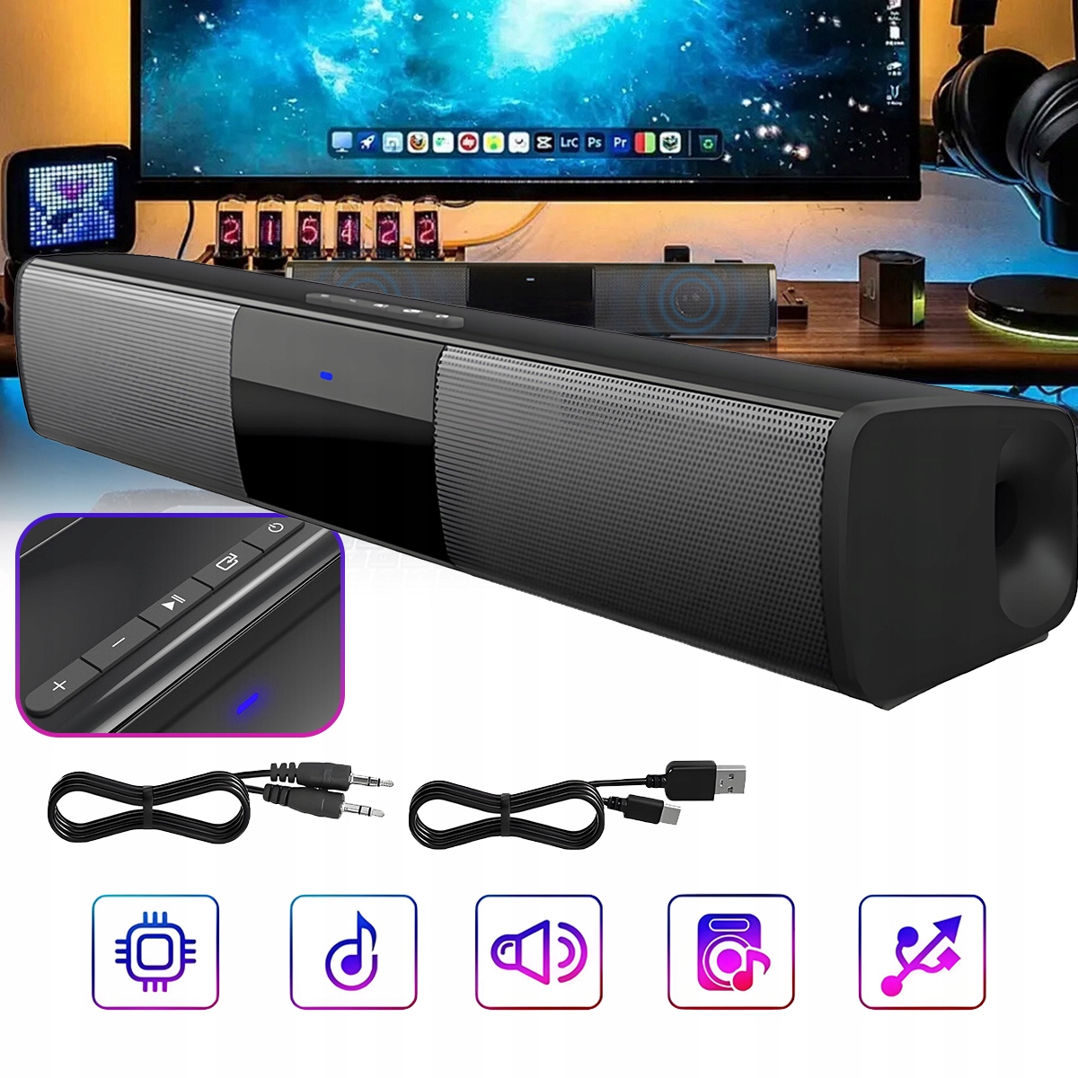 Bluetooth Reproduktor Přenosný Soundbar Černý Bezdrátový Wifi Usb Aux