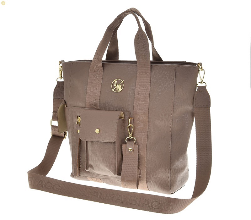 Laura Biaggi Dámská Kabelka Taupe Shopper A4 Logo S Popruhem Přes Rameno Velká