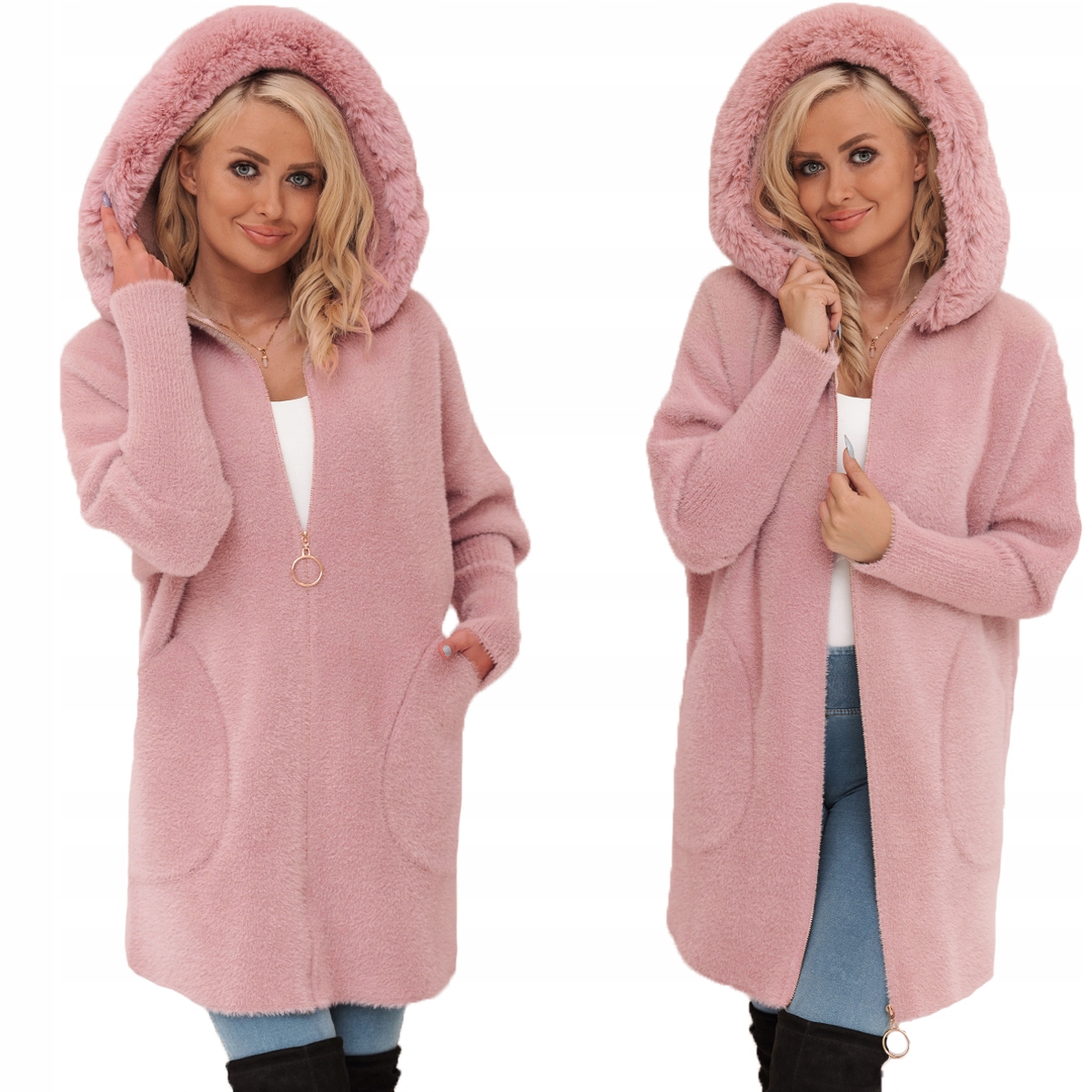 S Kožešinou, Kabát Alpaka Na Zip, Teplá Vlna, Pudrová Růžová
