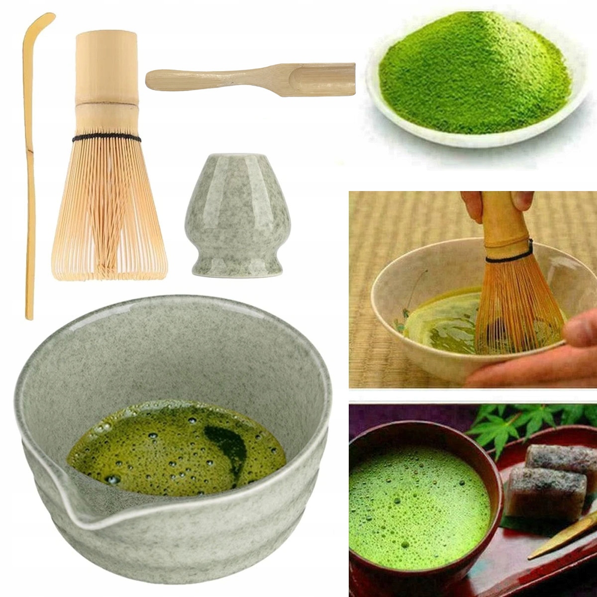 Levně Dárková sada na čaj matcha šálek metla lžička mixer zelená