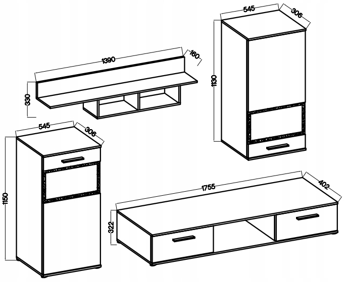 Meblościanka EMMA+komoda oświetlenie LED, 3 kolory Kolor frontów dąb sonoma