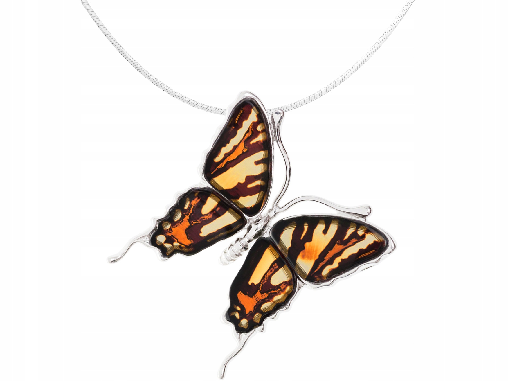Dlouhý stříbrný dámský náhrdelník Velký motýl Gravírovaný jantar Stříbro 80
