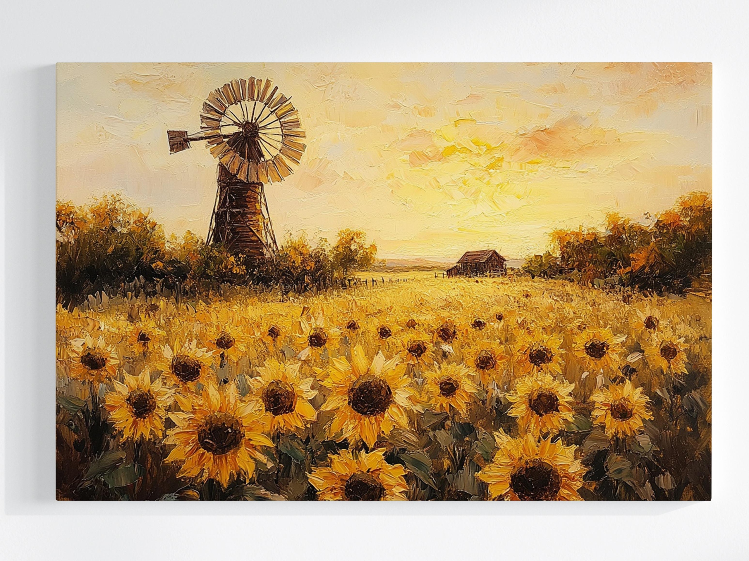 Obraz Na Plátně Canvas Krajina Vesnice Pole Slunečnice Květiny Větrný Mlýn 120x80
