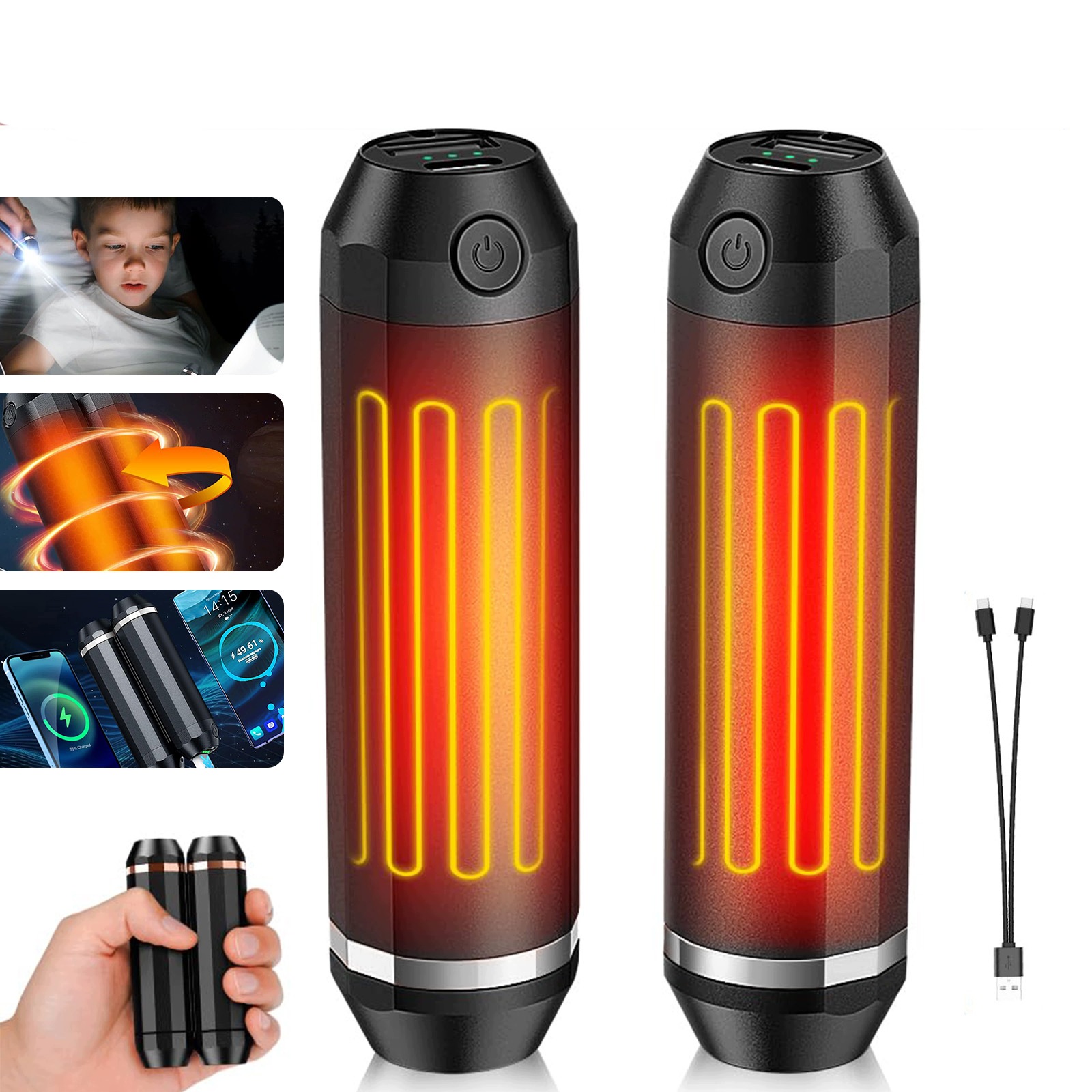 2 elektrické ohřívače rukou Usb 10000 mAh, Powerbanová Led svítilna