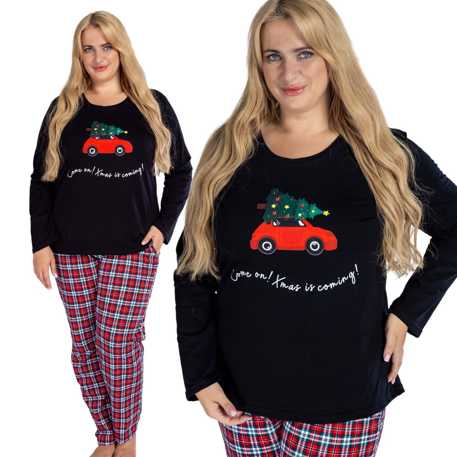 Dámské vánoční pyžamo 100% Bavlna červená kostka Dárek plus velikost 4XL