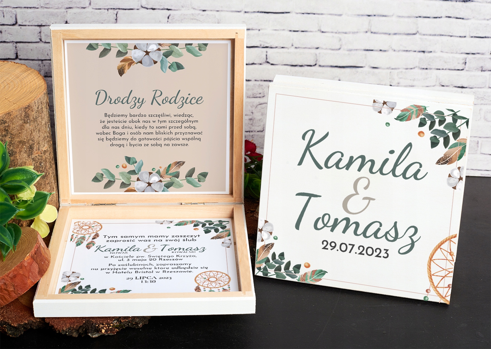 PUDEŁKO DREWNIANE ZAPROSZENIE DLA RODZICÓW NA ŚLUB WESELE BOHO Z2 Liczba sztuk 1 szt.