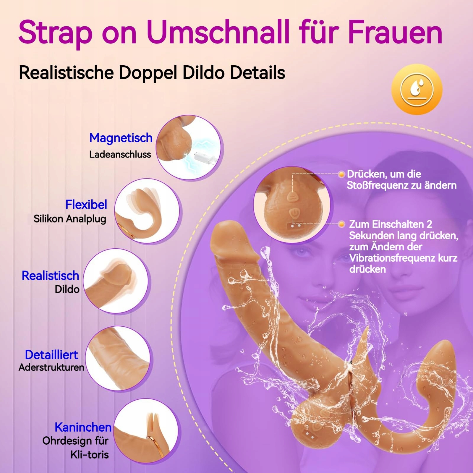 A-STOß Realistyczny Dildo Podwójny Strap On Wibrator Silikonowy dla Par — miniatura 3