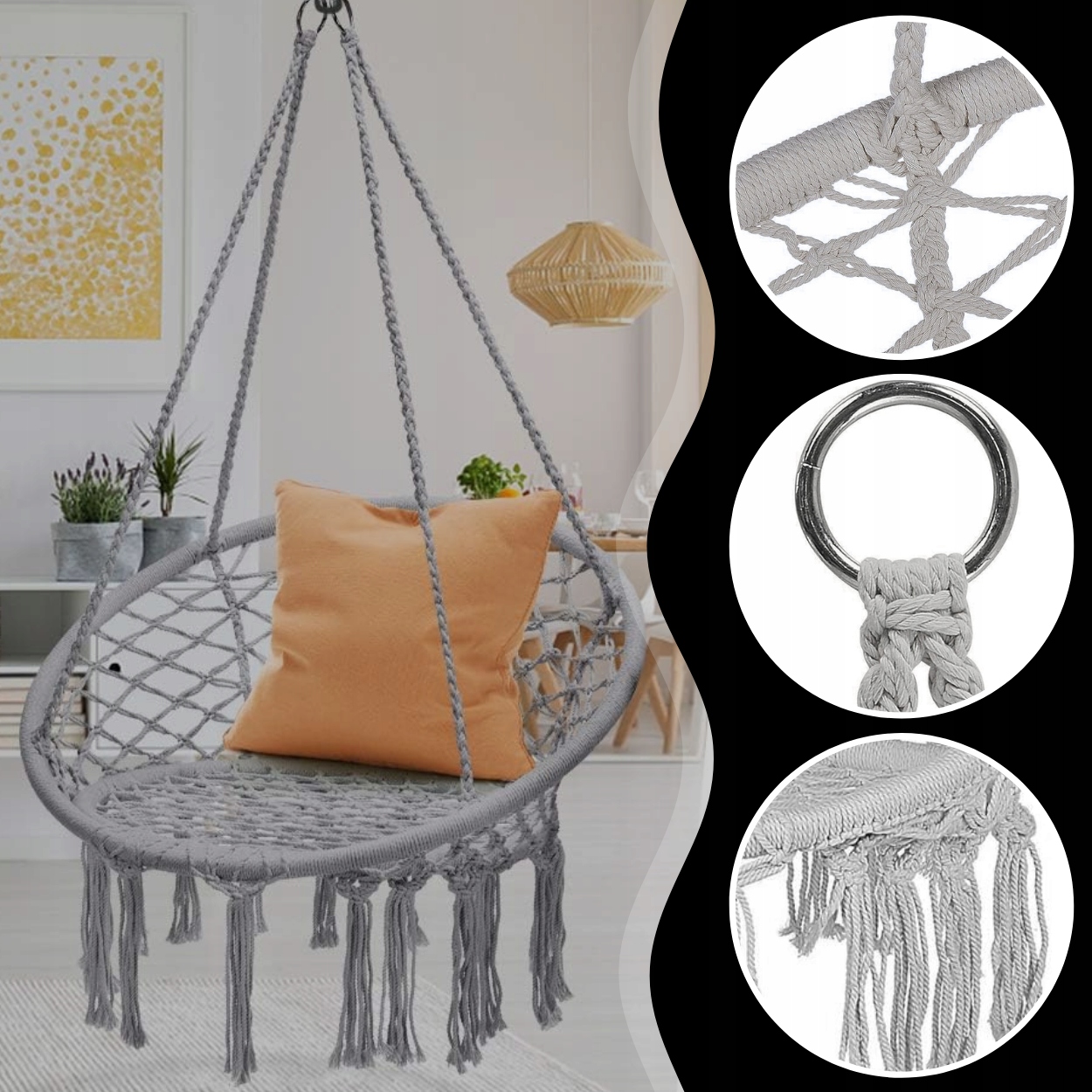 KRZESŁO BRAZYLIJSKIE FOTEL WISZĄCY DO OGRODU TARASU KOKON SIEDZISKO RATTAN Średnica/szerokość siedziska 60 cm