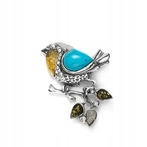Pták Stříbrná Brož S Jantarem A Tyrkysem