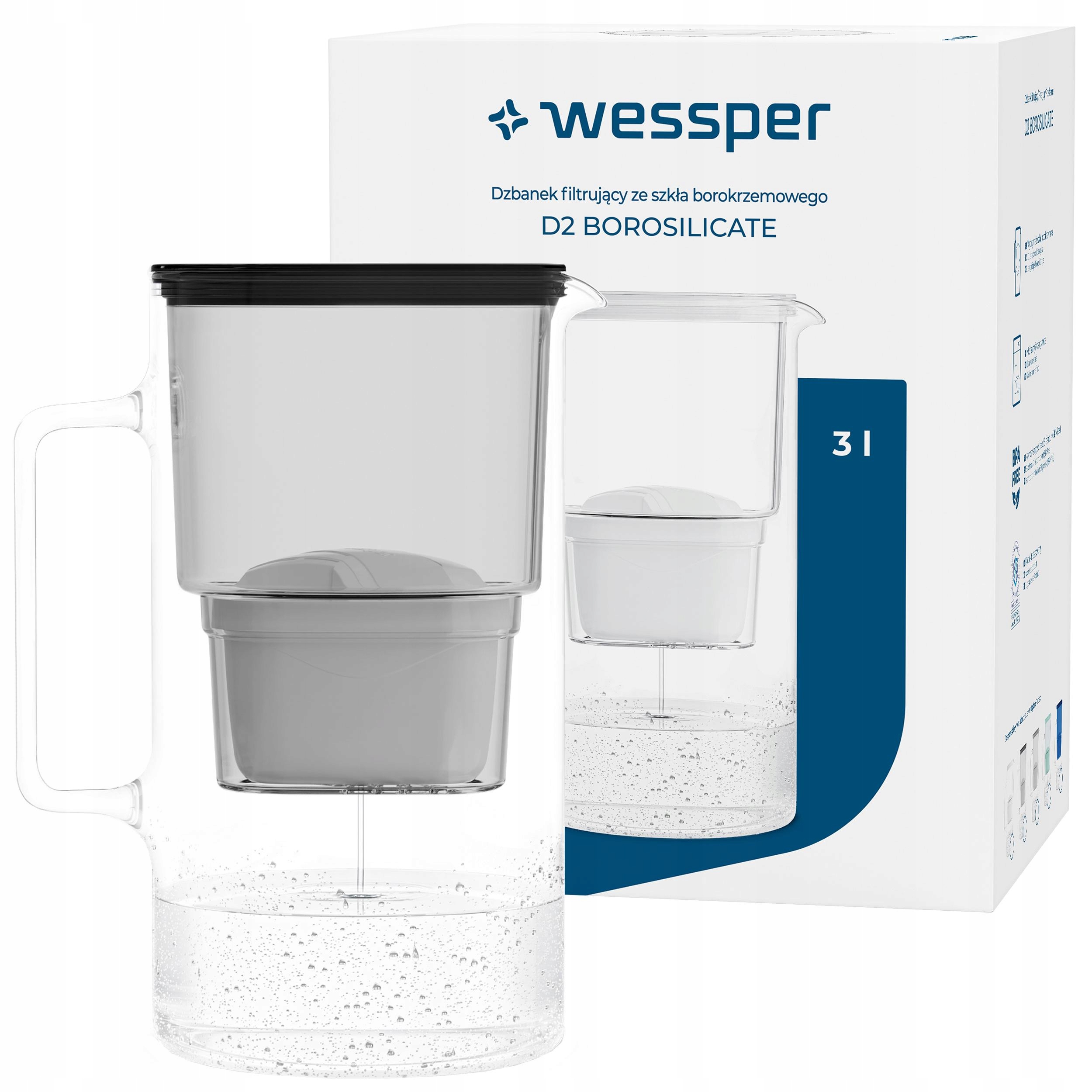 Dzbanek Szklany Wessper D2 Borosilicate 3l 1x Filtr Wkład Wody Wessper