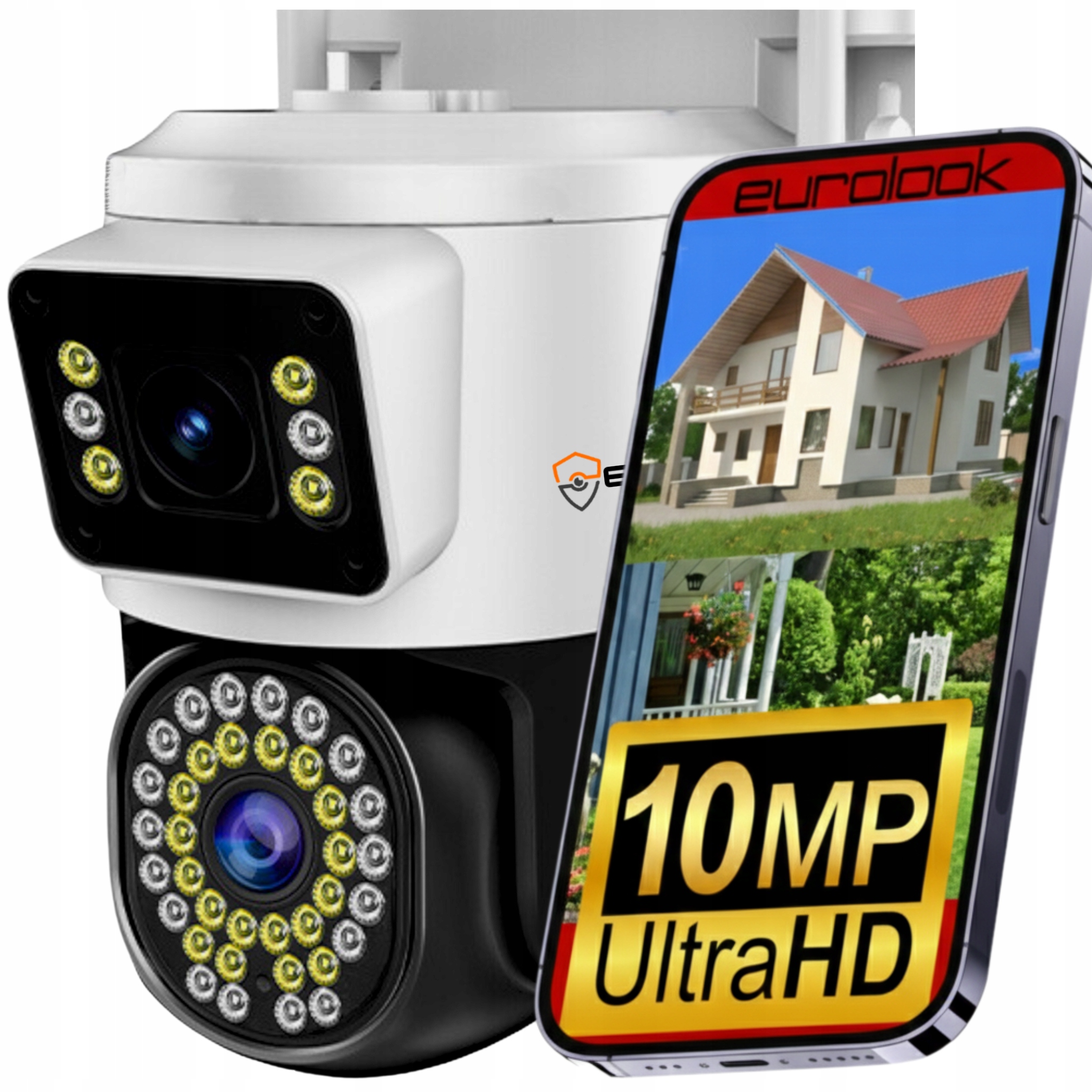 Podwójna Kamera Wifi Ip 10MPX Uhd Ultrahd Obrotowa Zewnętrzna Aplikacja Led