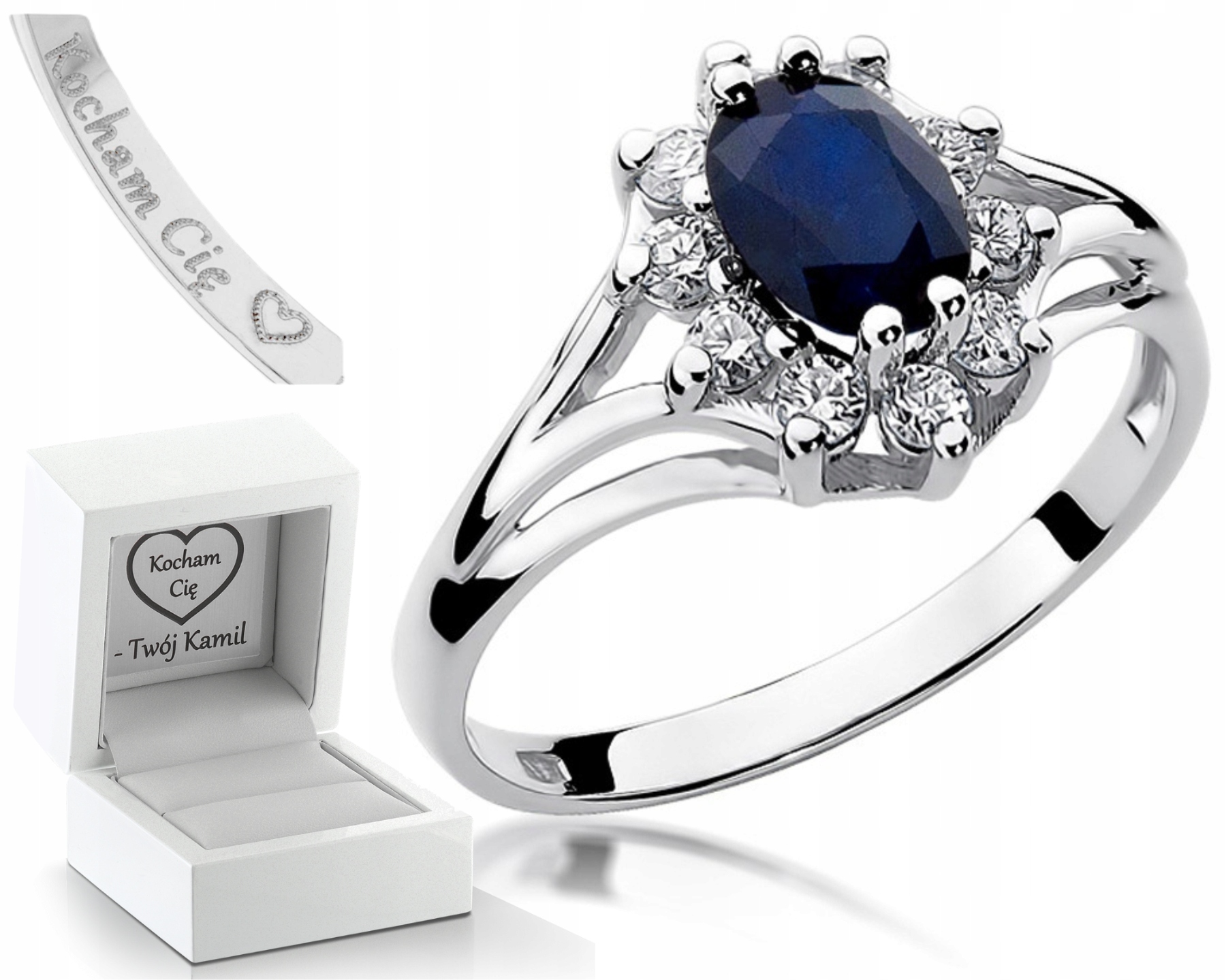 Zlatý Prstýnek Safír Diamanty Bílé Zlato 585