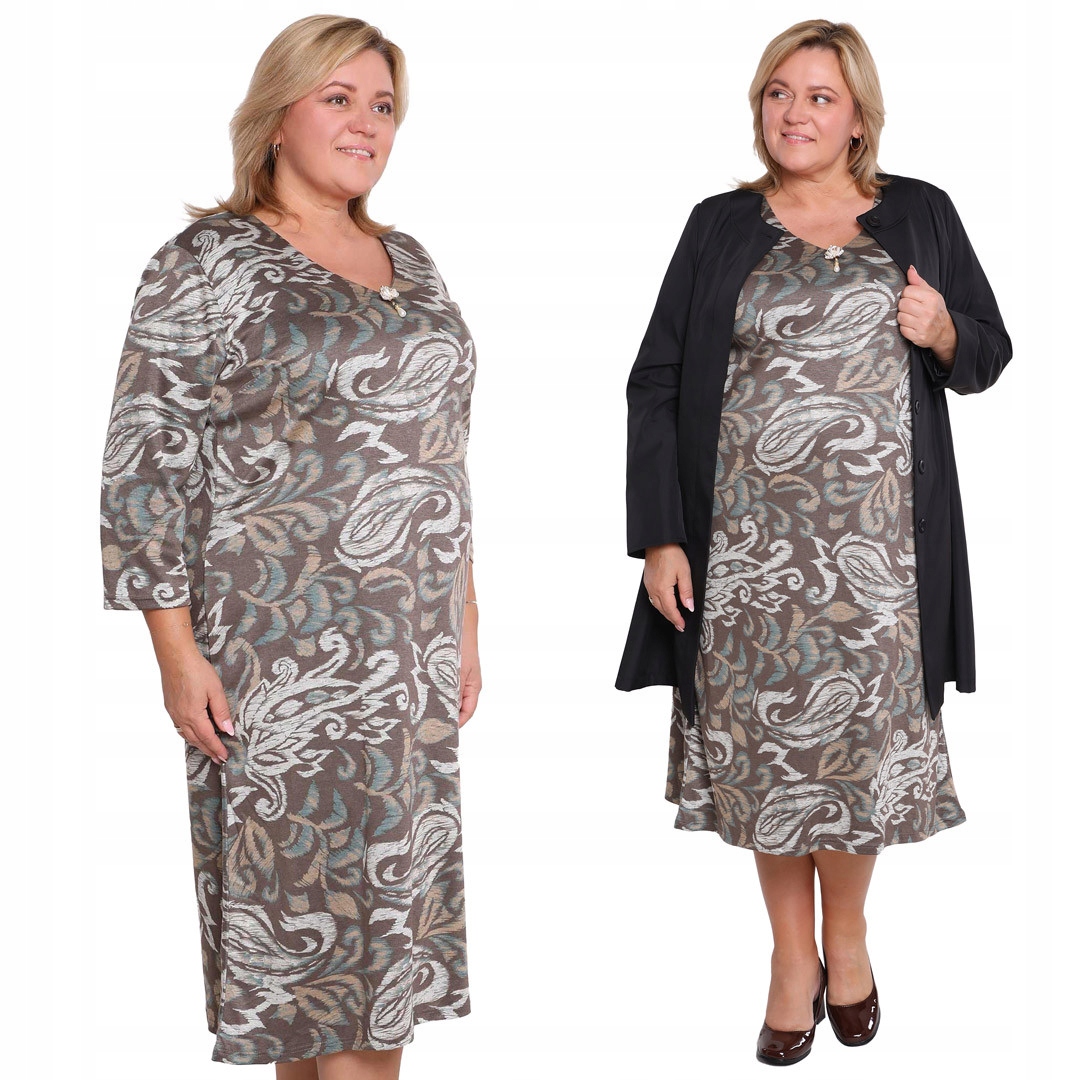 Teplé šaty s broší, hnědý vzor, 48/50