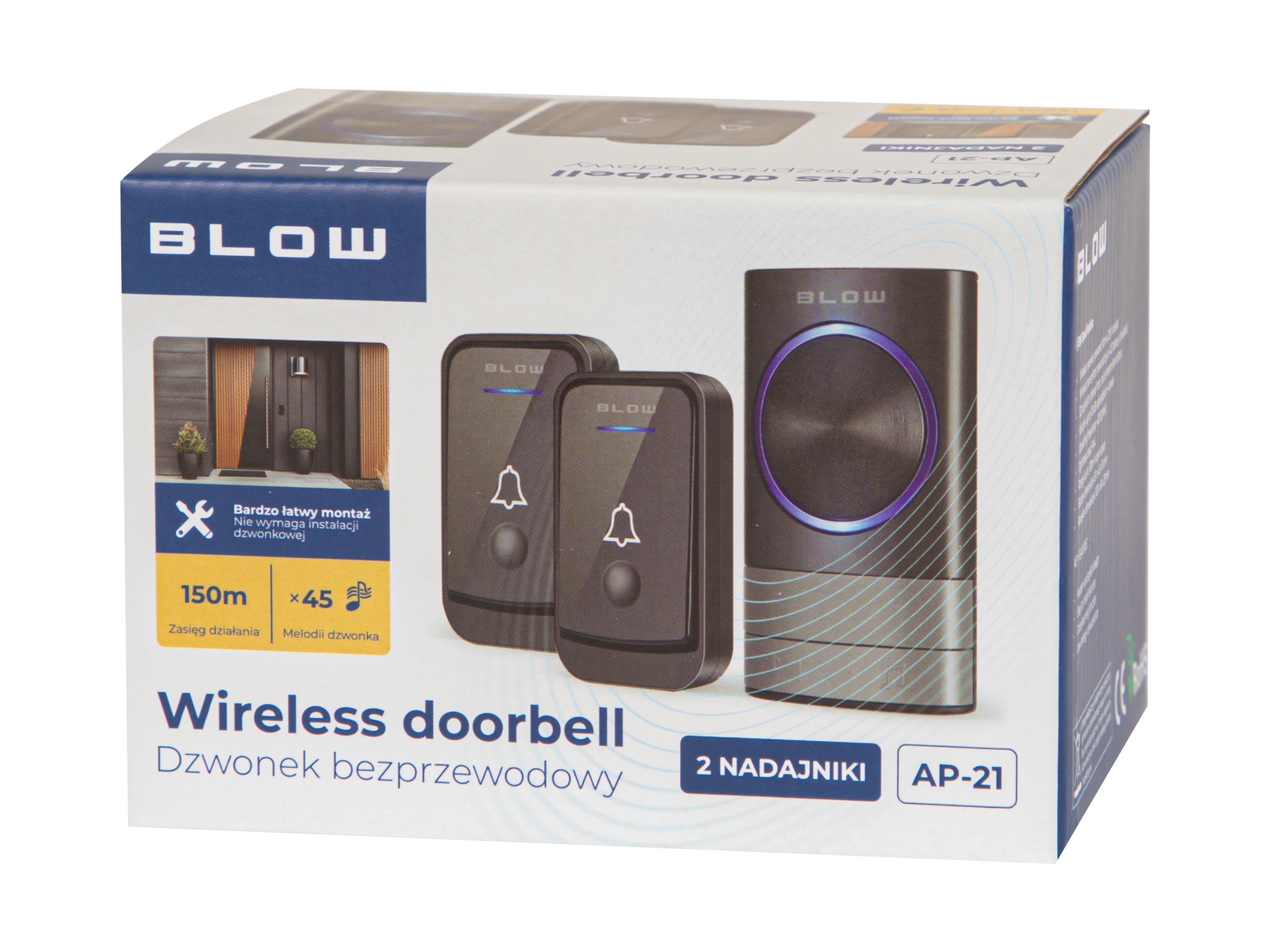 DZWONEK BEZPRZEWODOWY WODOODPORNY IP44 DUŻY ZASIĘG DRZWI FURTKI 2X NADAJNIK Marka Blow