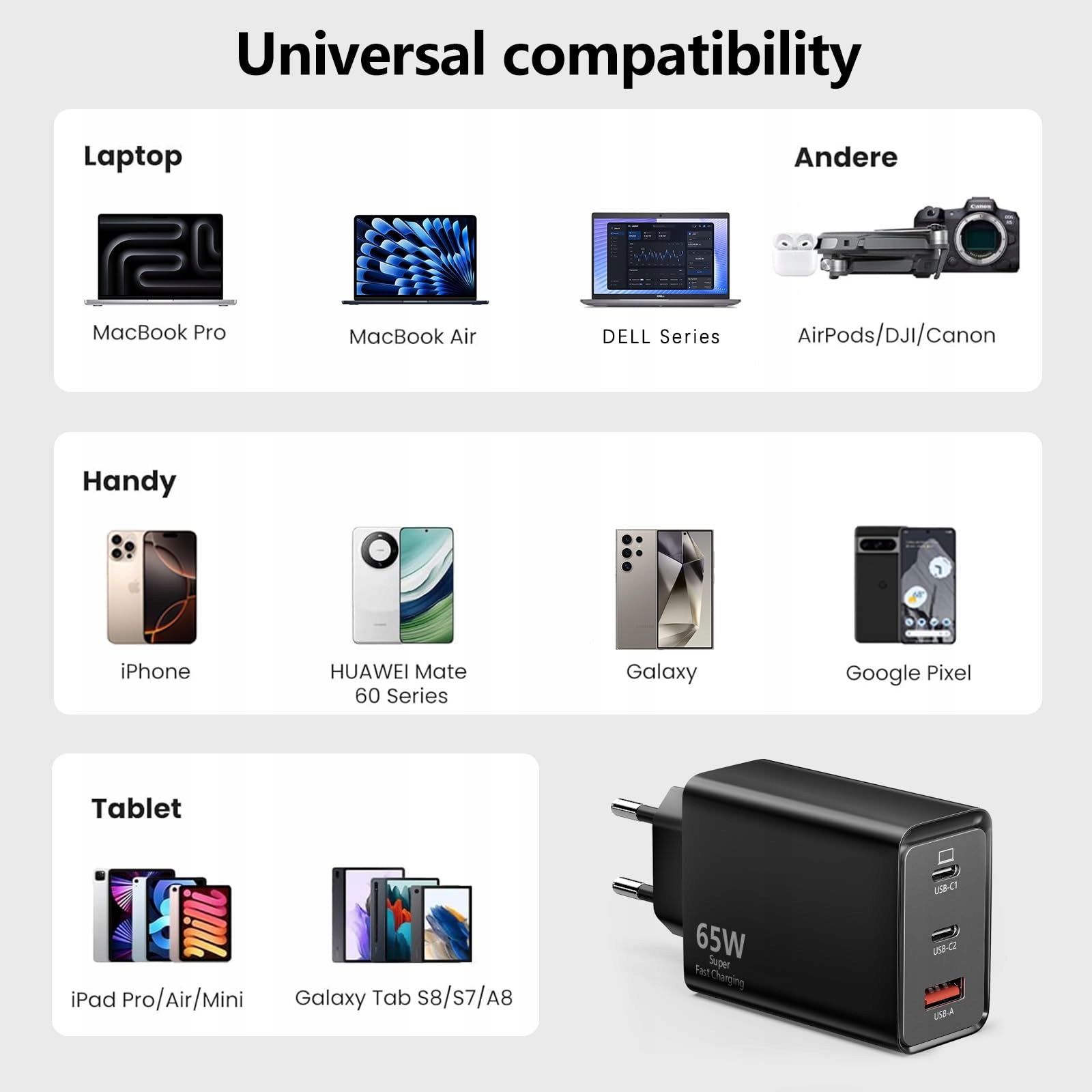 Ładowarka USB C 65 W, 3 porty 2 USB C + 1 USB A SB-C PPS Szybka — miniatura 3