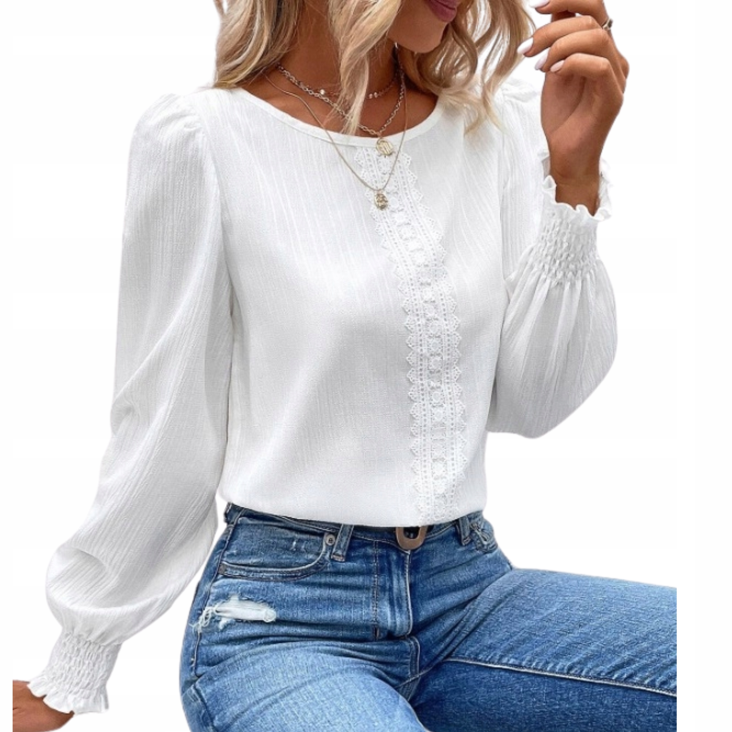 Koronkowa bluzka haftowana z długim rękawem i marszczonymi mankietami