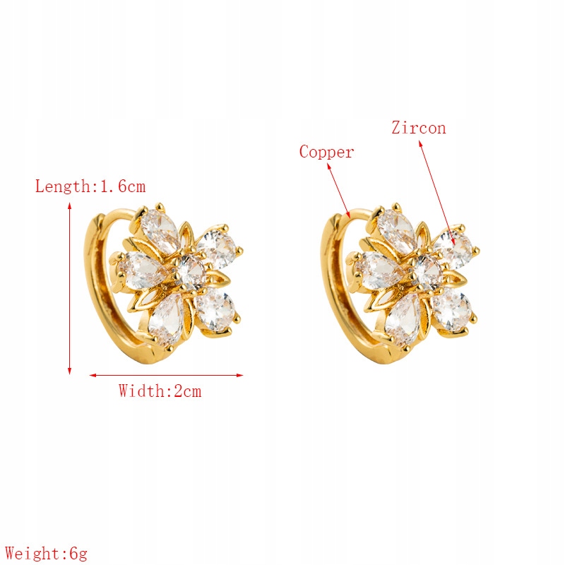Kolczyki Złote Kwiaty Kwiatki Cyrkonie 16mm Marka bez marki
