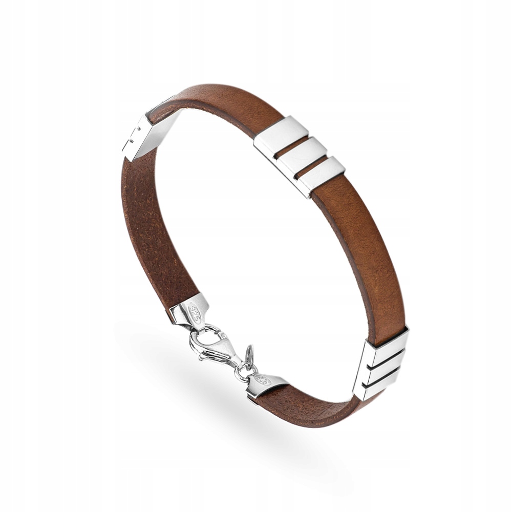 Elegantní Hnědý Kožený Pánský Náramek ryzost 925 S Kovovými Plocháčky Krabička