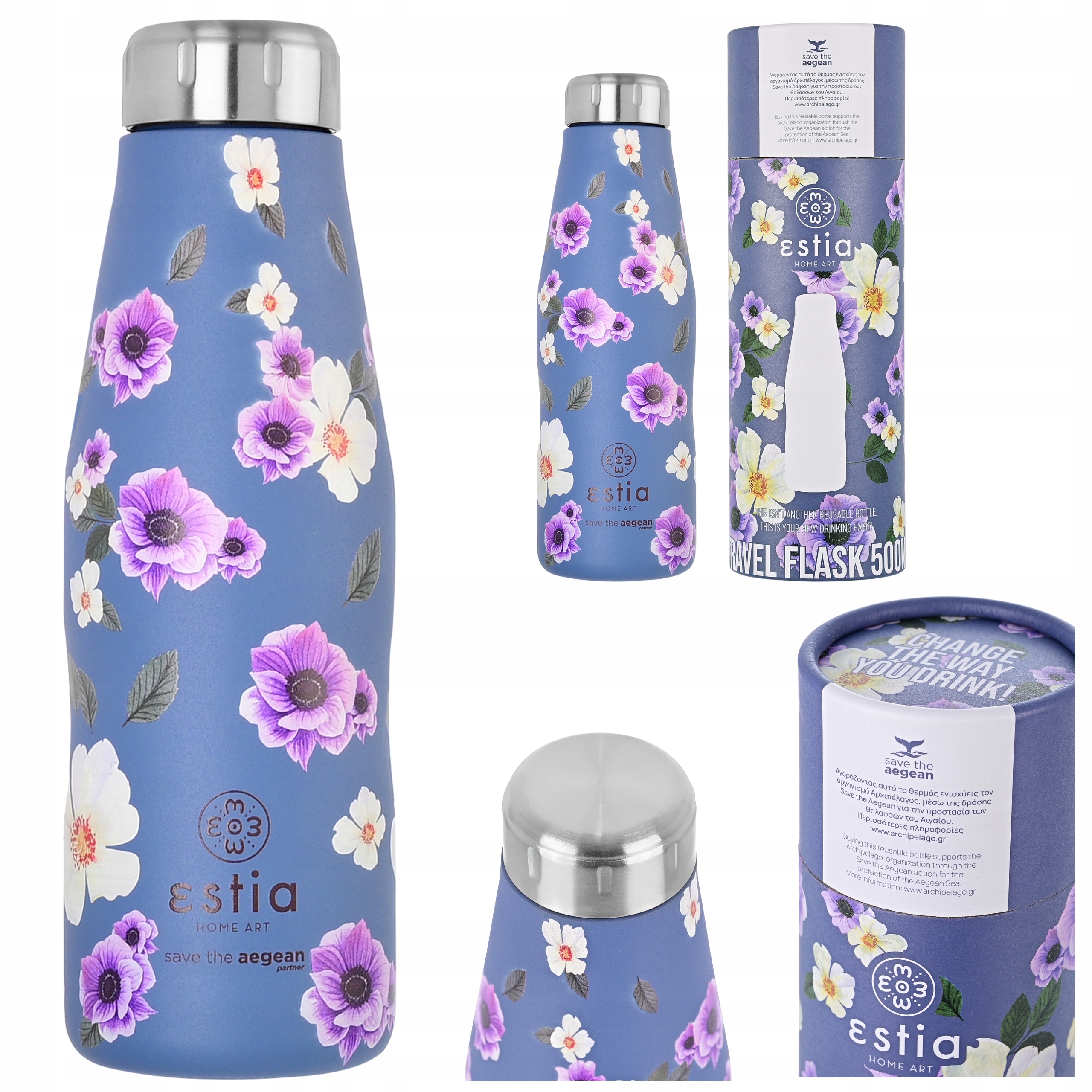 Niebieska butelka termiczna termos kubek na kawę herbatę 500 ml ze stali