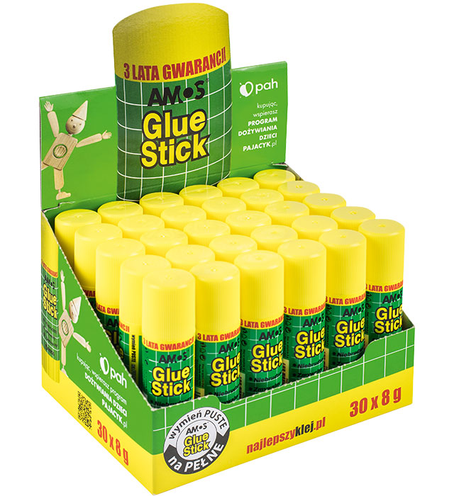 KLEJ w sztyfcie AMOS Display 30szt Glue Stic ORYGINALNY z Pajacykiem BEST