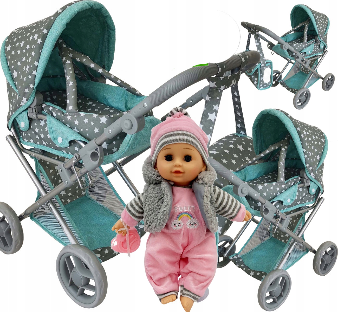 WÓZEK DLA LALEK NOSIDŁO TORBA POŚCIEL+BOBAS ŚPIEWA Seria 9346 z lalką