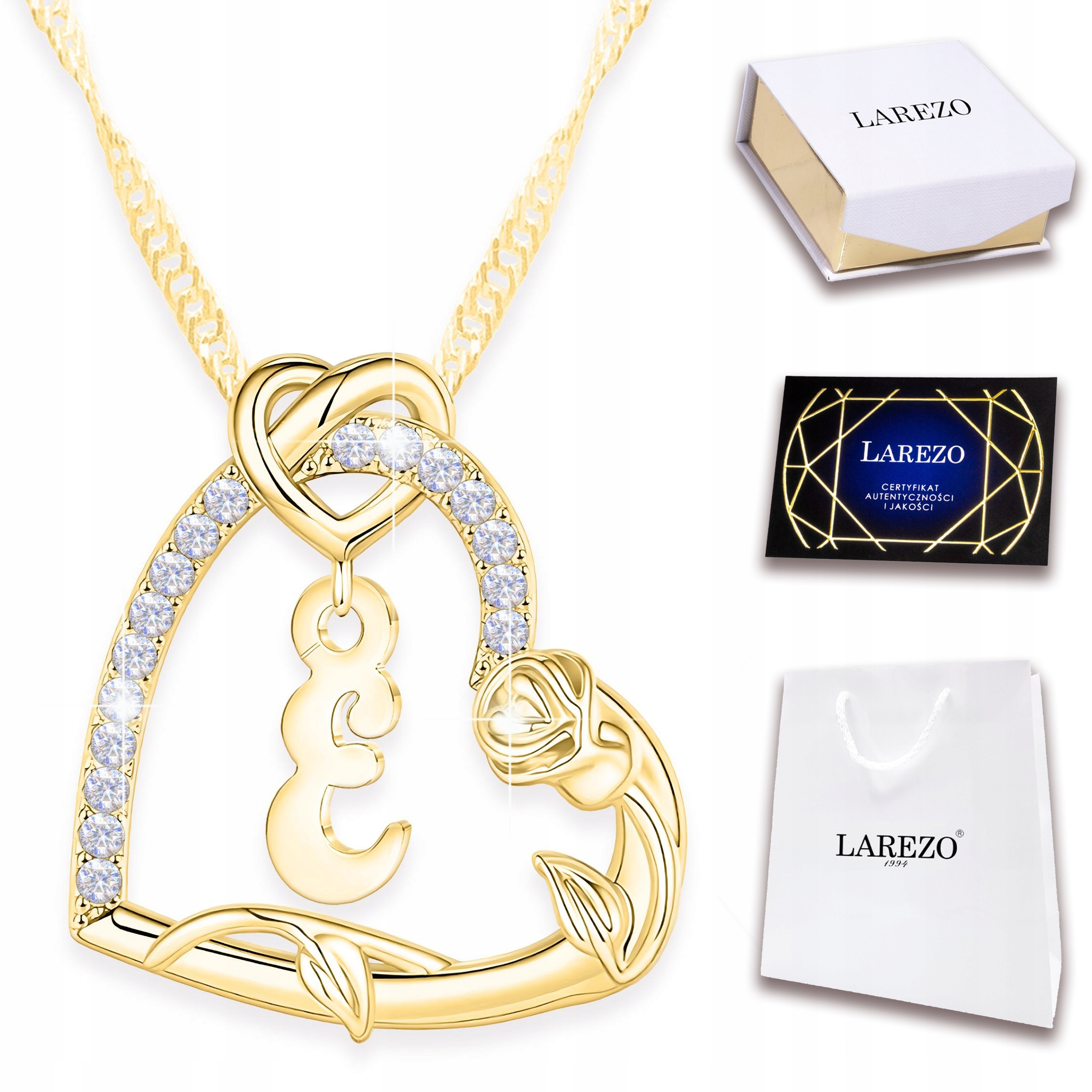 Zlatý náhrdelník Srdíčko Písmeno E Růže Květina Láska Stříbro 925