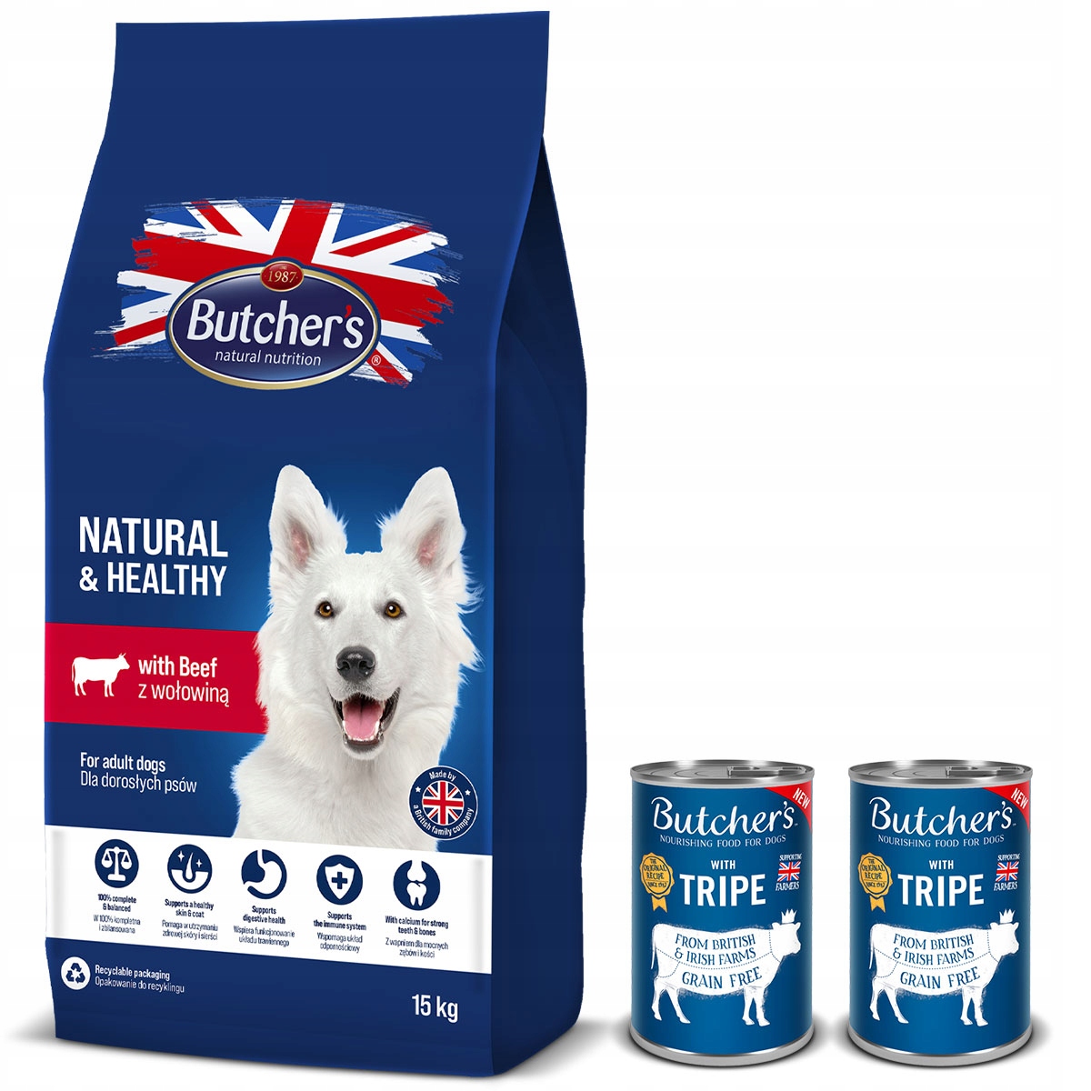 Butchers Blue+ sucha karma dla psa z wołowiną 15kg 2 puszki karmy