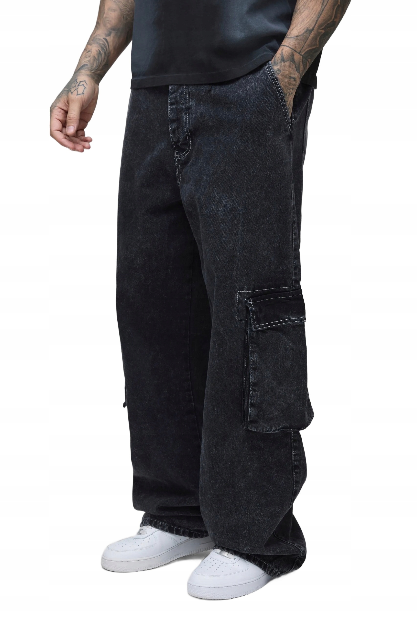 Boohooman Volné Pánské Džíny Černé S Kapsou Na Nohavici 34 Z3A