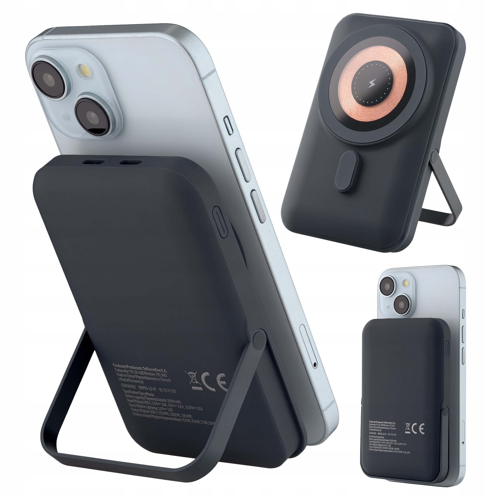 Magnetická powerbanka Qualo 10000 mAh pro telefon, podstavec Usb-c, černá