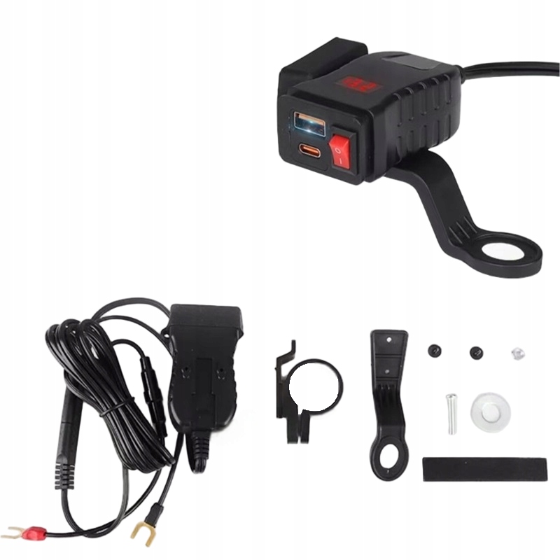 Szybka Ładowarka Motocyklowa QC3.0 Usb & Usb-c z Woltomierzem Led