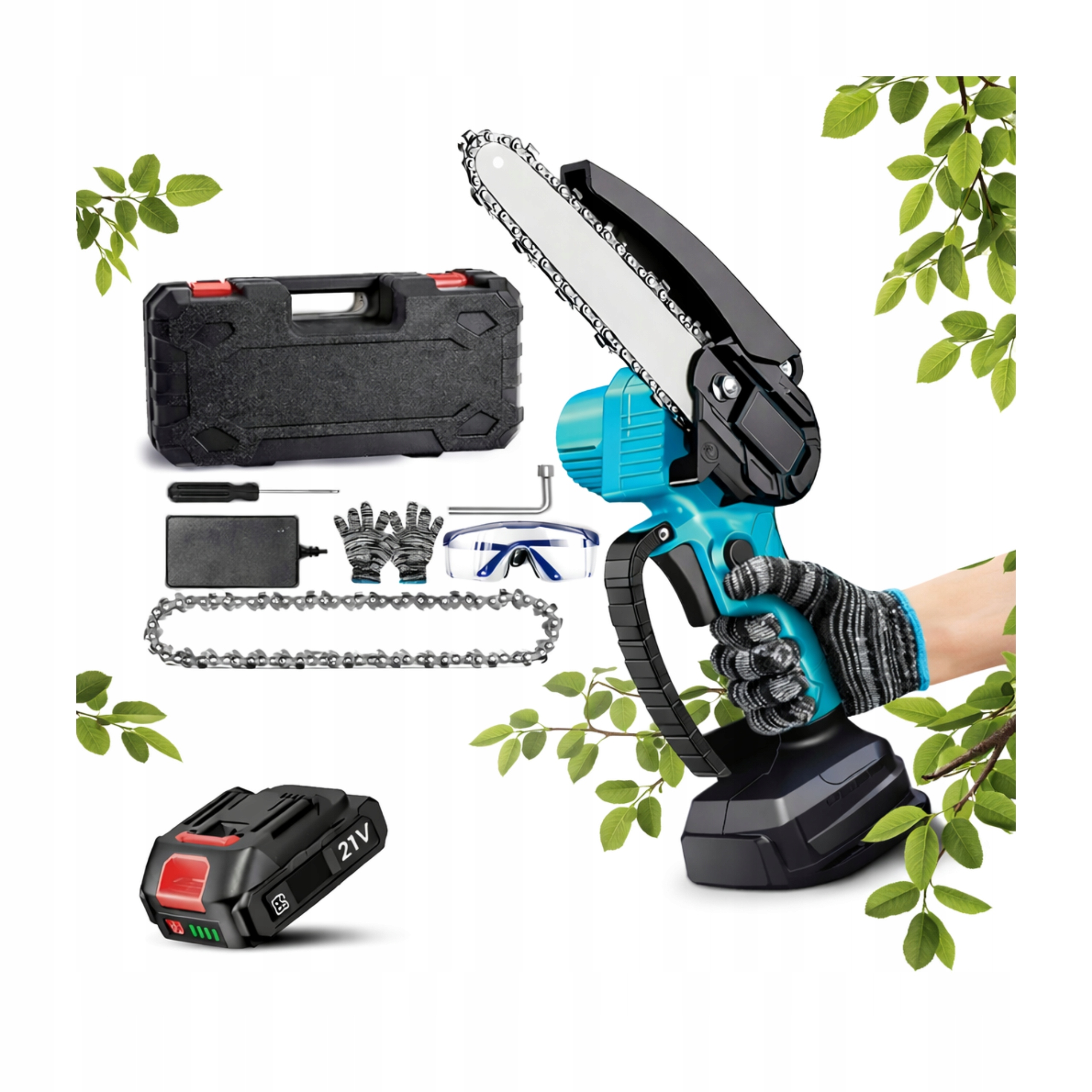 Piła Łańcuchowa Akumulatorowa Mini Zestaw Akcesoriów Bateria 21V Walizka