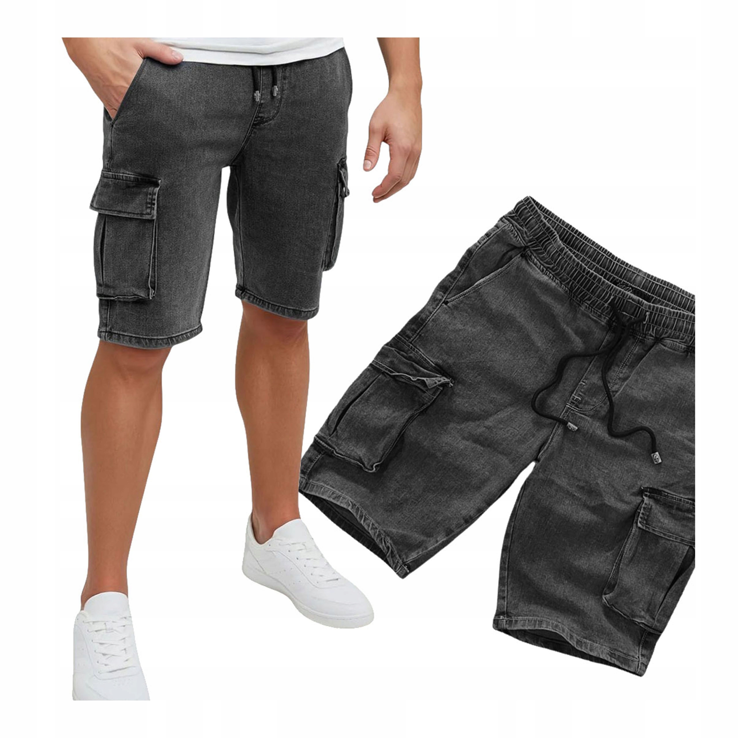 Krótkie Spodenki męskie Grafitowe Jeansowe Cargo Pas z Gumką Krótkie M