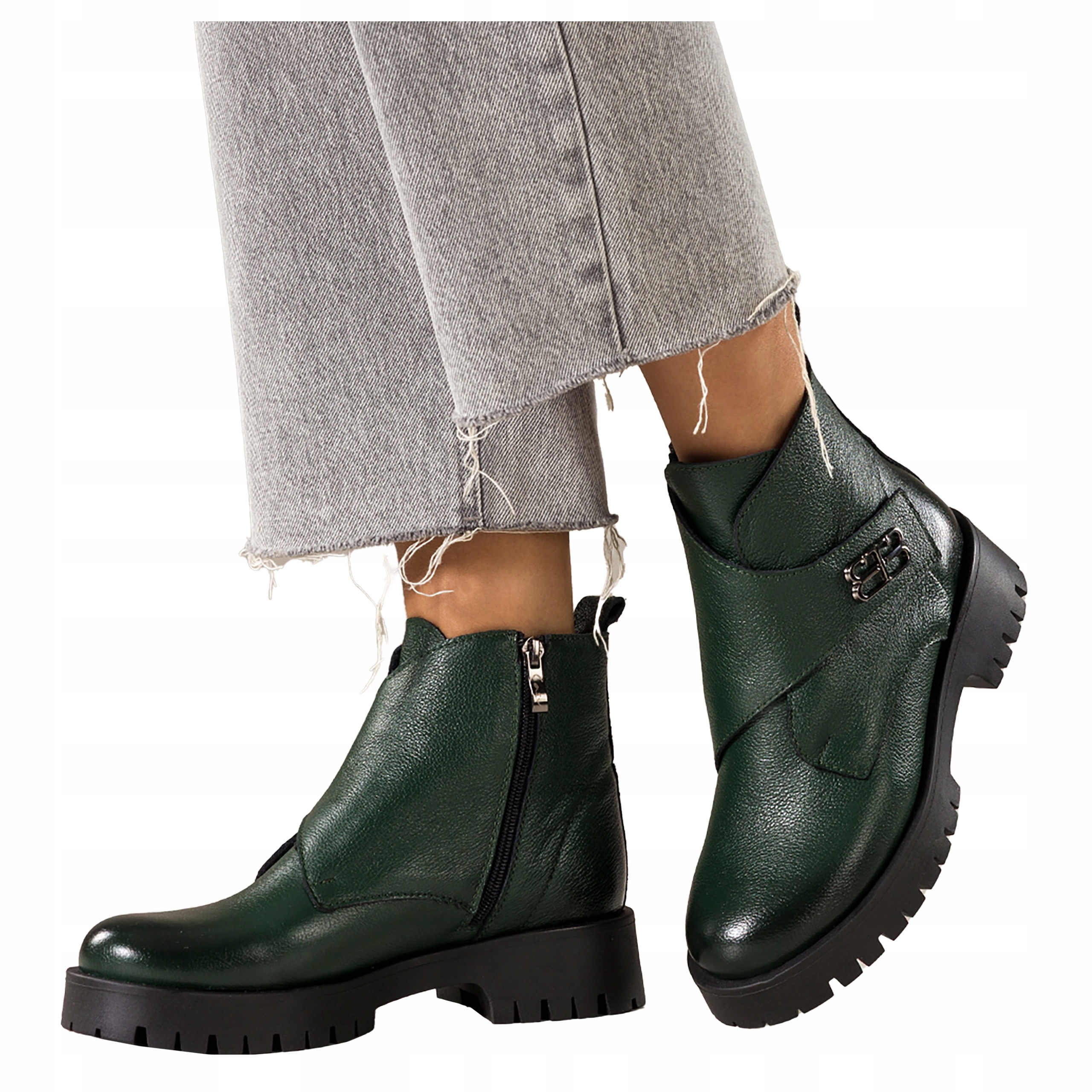 Kotníkové Boty Zelené Dámské Kožené Na Platformě Pohodlné S Ozdobou Módní vel. 38