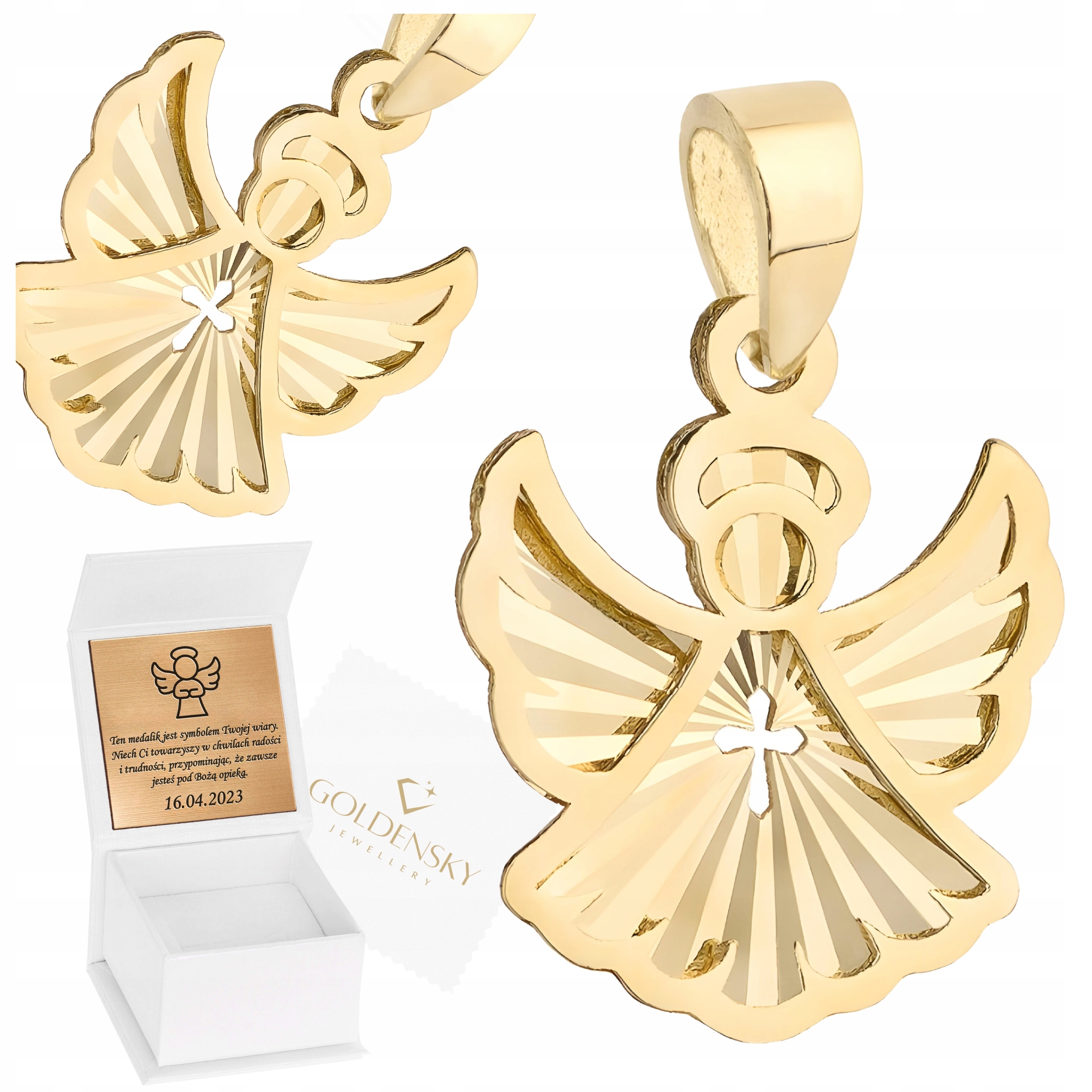 Złota zawieszka medalik Aniołek Diamentowany 585 Delikatny Komunia