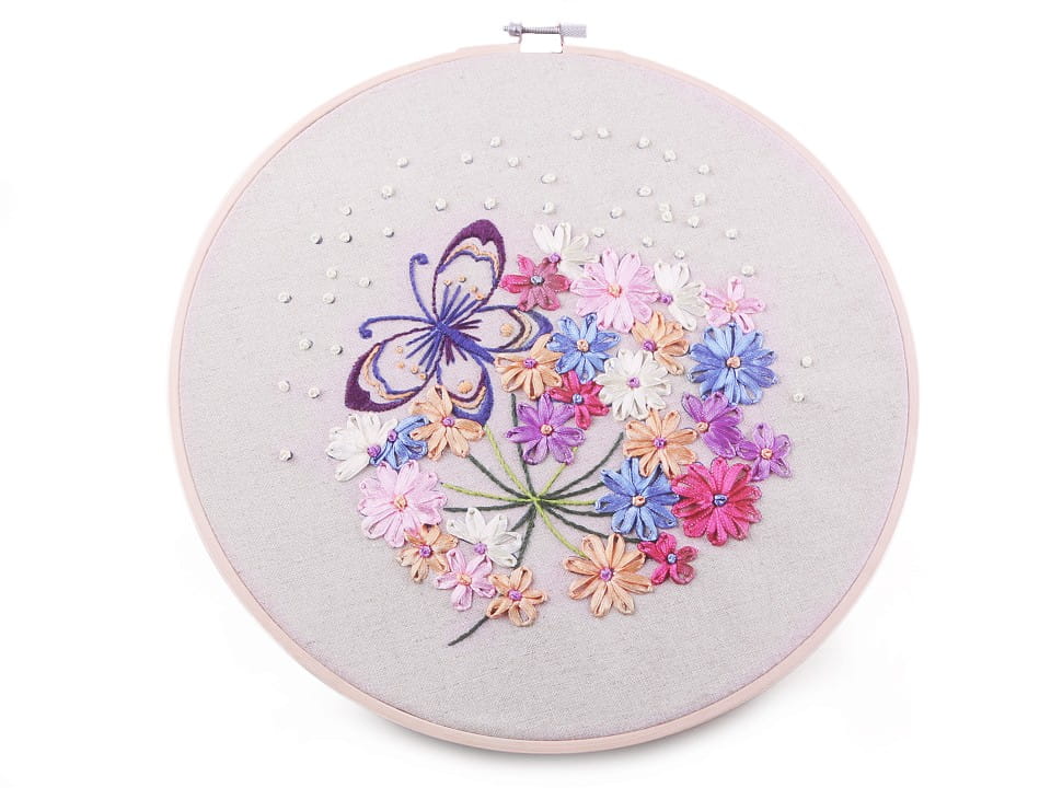 Vyšívací sada stuha s tamborkem N2004 25x25cm mulina stuhy