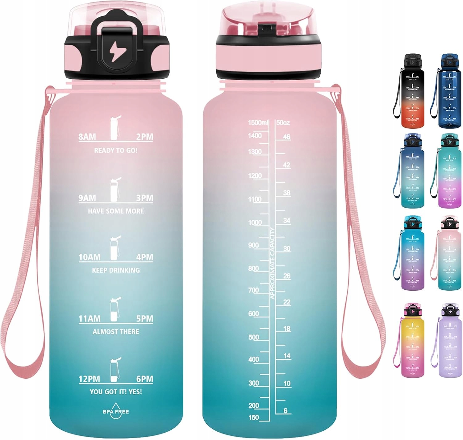 Sportovní láhev na vodu, nepropustná, bez Bpa, 1500 ml, růžová a modrá