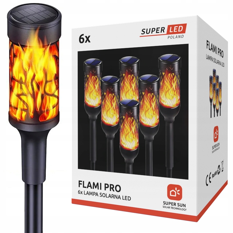 Sada 6 x Solární lampa Pochodeň Plamen zapichovací